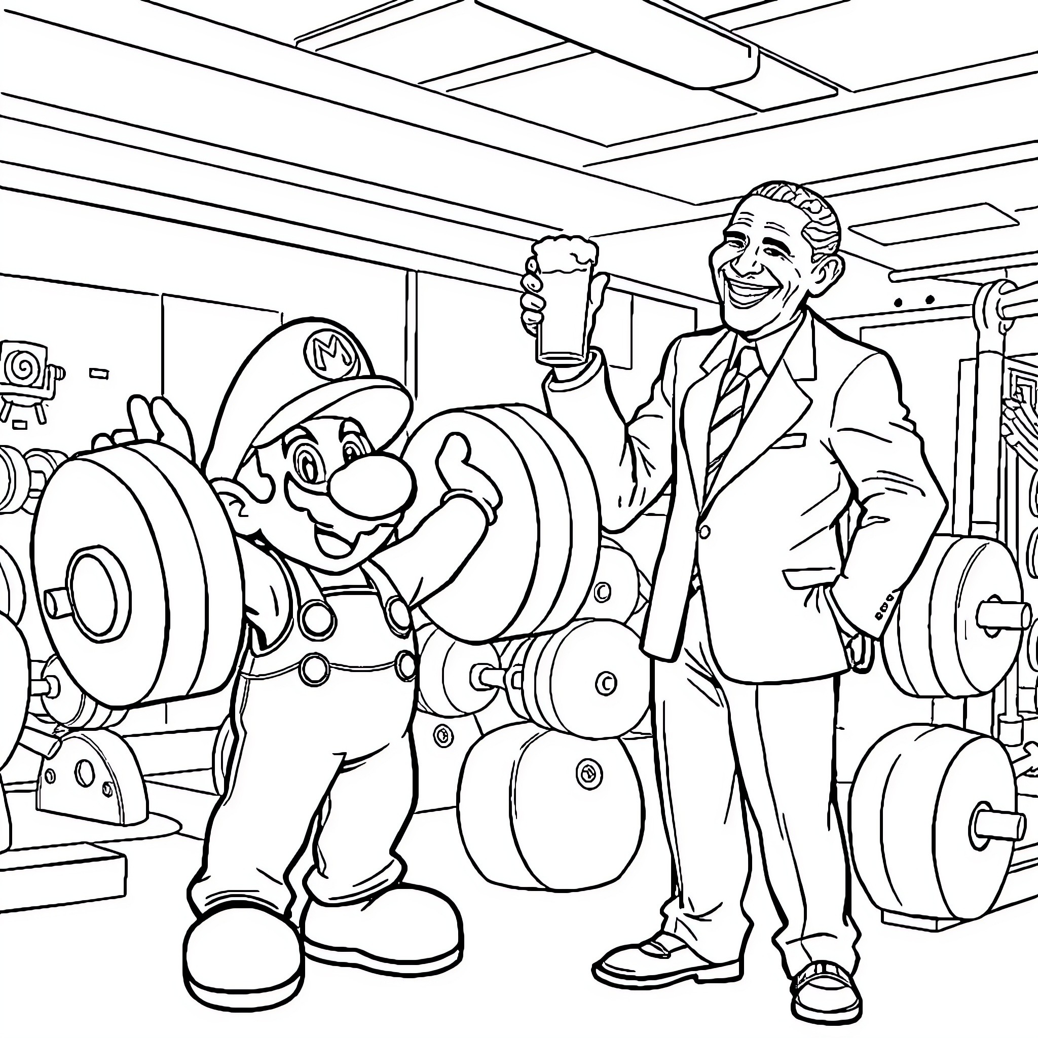 Mario and businessman in the gym Coloring Page (free black-and-white line drawing printable PDF for all, from beginners to advanced learners, including children, teens, adults, and seniors)