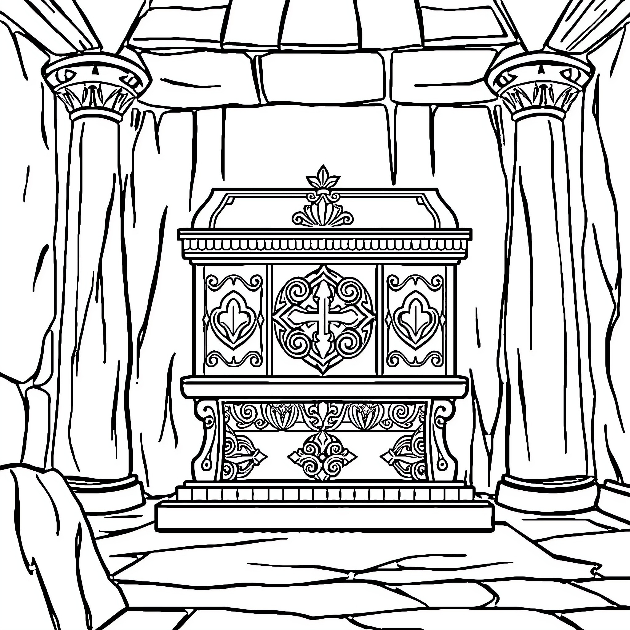 Ark of the Covenant in Ornate Temple Interior Coloring Page (free black-and-white line drawing printable PDF for all, from beginners to advanced learners, including children, teens, adults, and seniors)