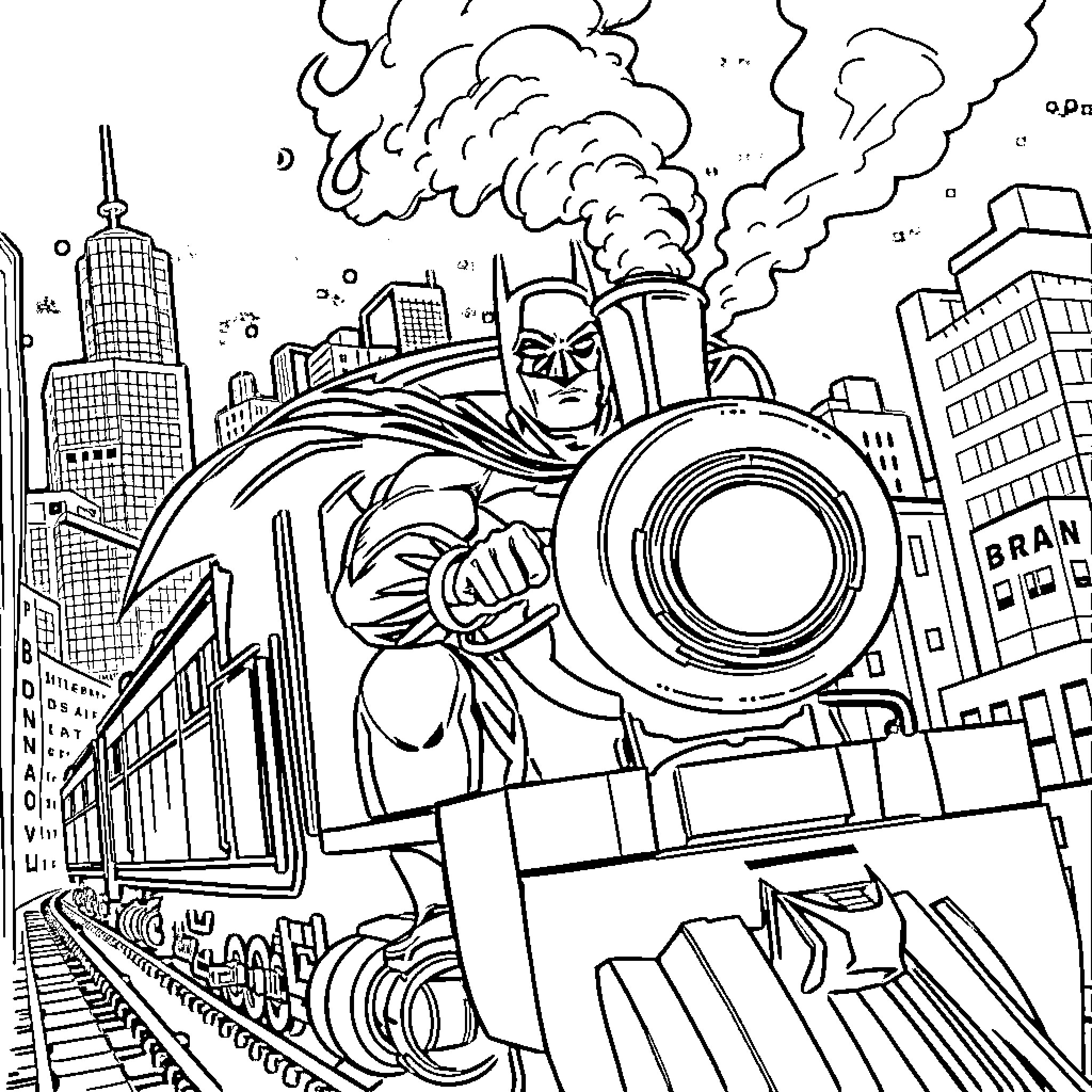 Batman Battling Villains in Dramatic City Skyline Coloring Page (free black-and-white line drawing printable PDF for all, from beginners to advanced learners, including children, teens, adults, and seniors)