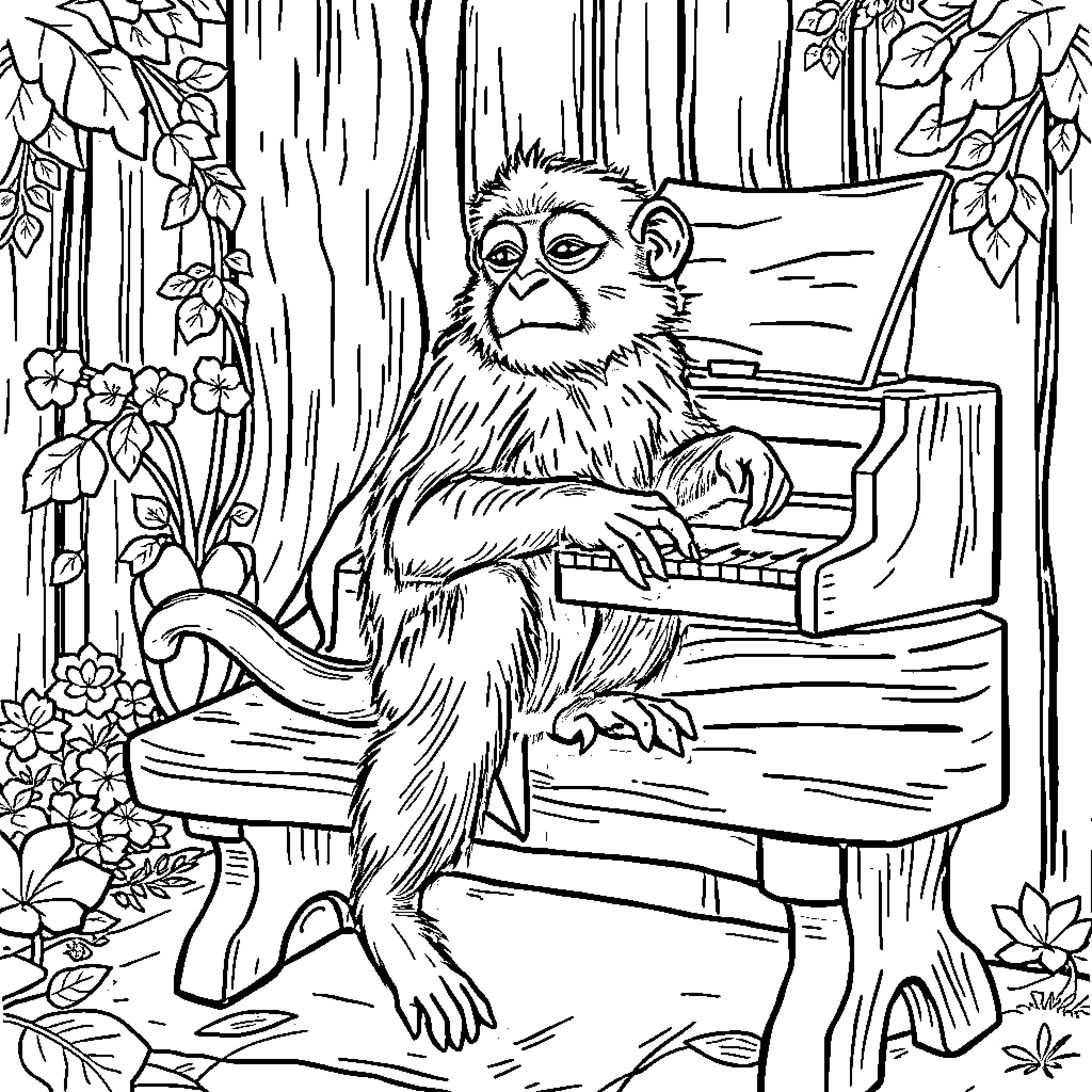 Single monkey resting on a wooden chair in the forest Coloring Page (free black-and-white line drawing printable PDF for all, from beginners to advanced learners, including children, teens, adults, and seniors)