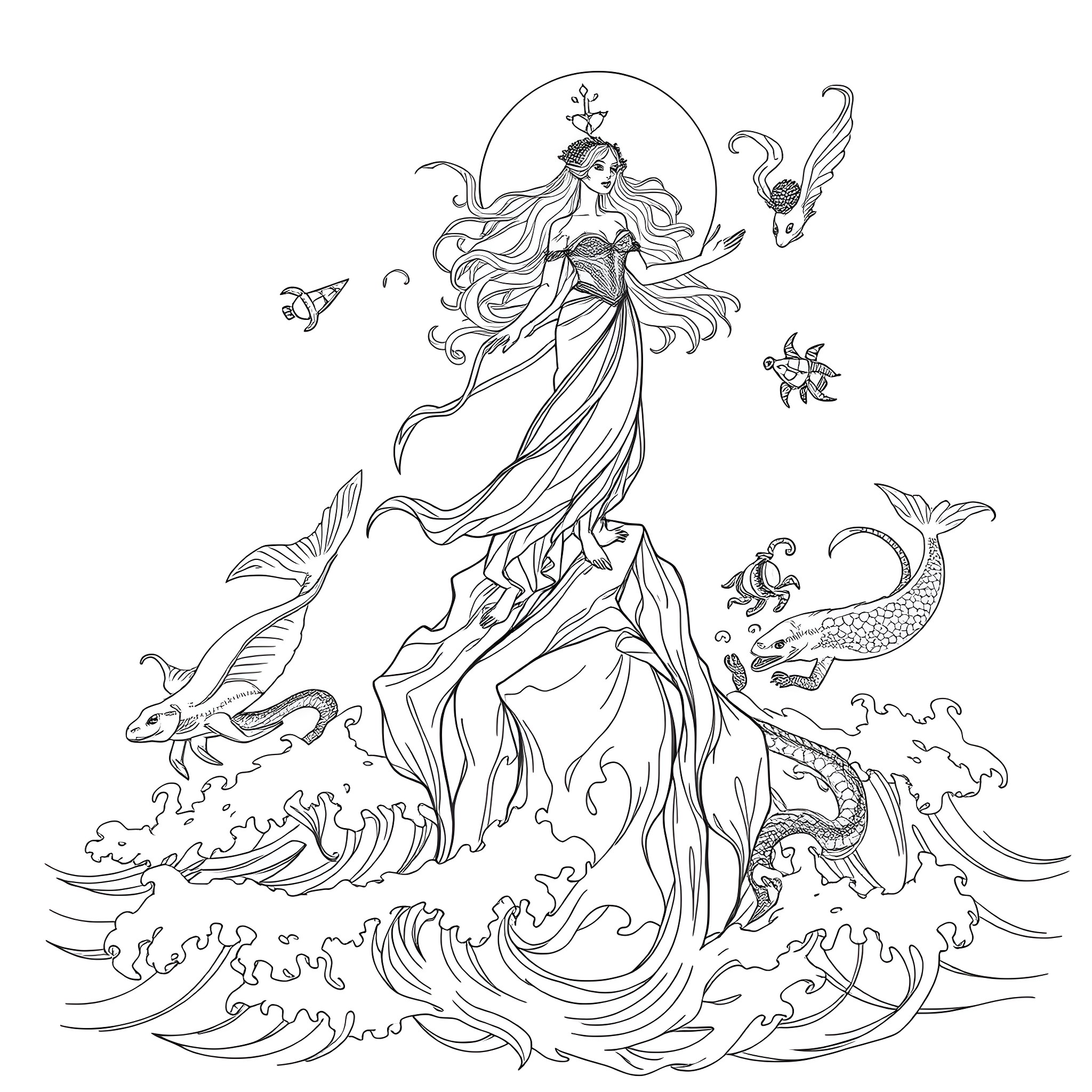 Siren Queen Commanding the Waves Coloring Page (free black-and-white line drawing printable PDF for all, from beginners to advanced learners, including children, teens, adults, and seniors)
