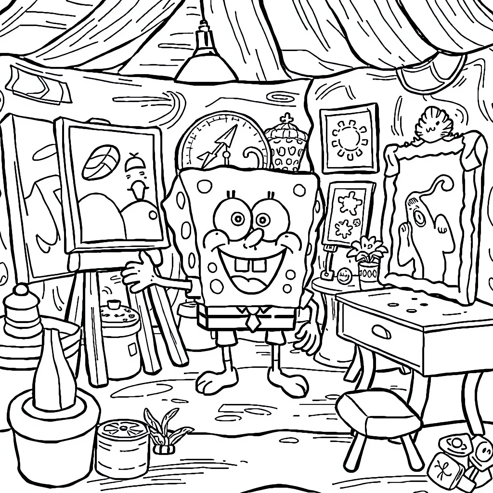 Spongebob's Artistic Studio with Quirky Decor Coloring Page (free black-and-white line drawing printable PDF for all, from beginners to advanced learners, including children, teens, adults, and seniors)
