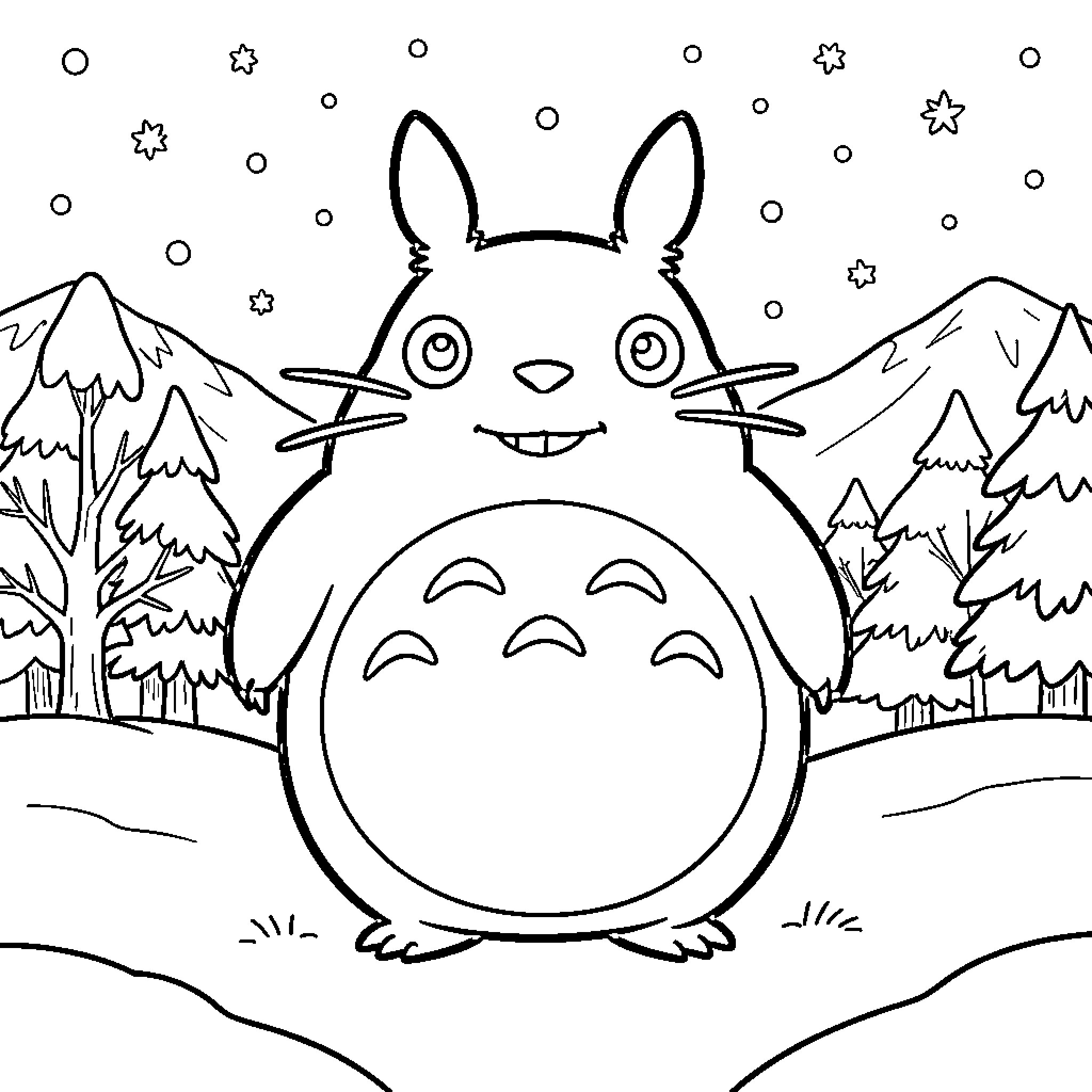 Totoro playing in a snowy forest Coloring Page (free black-and-white line drawing printable PDF for all, from beginners to advanced learners, including children, teens, adults, and seniors)