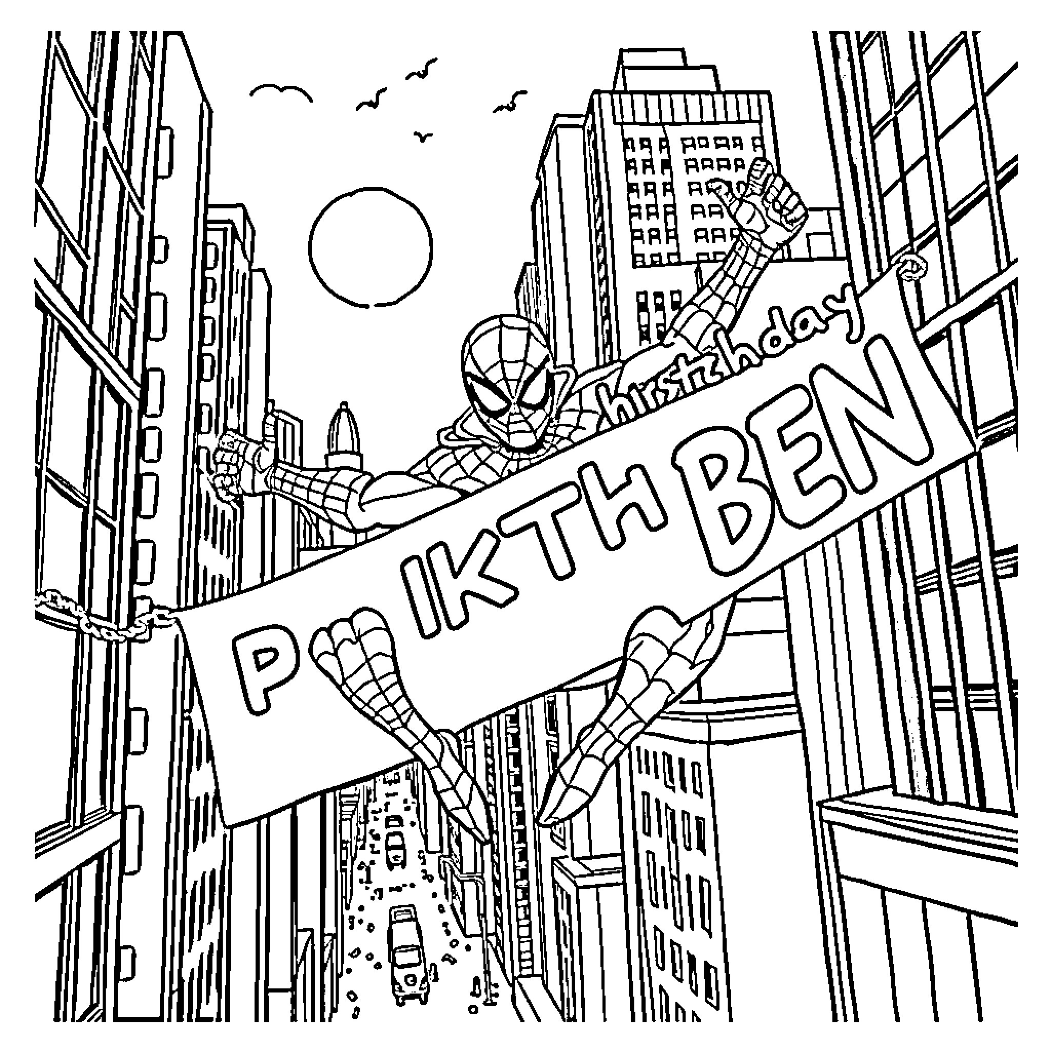 Spiderman Swings Through City with Banner Coloring Page (free black-and-white line drawing printable PDF for all, from beginners to advanced learners, including children, teens, adults, and seniors)