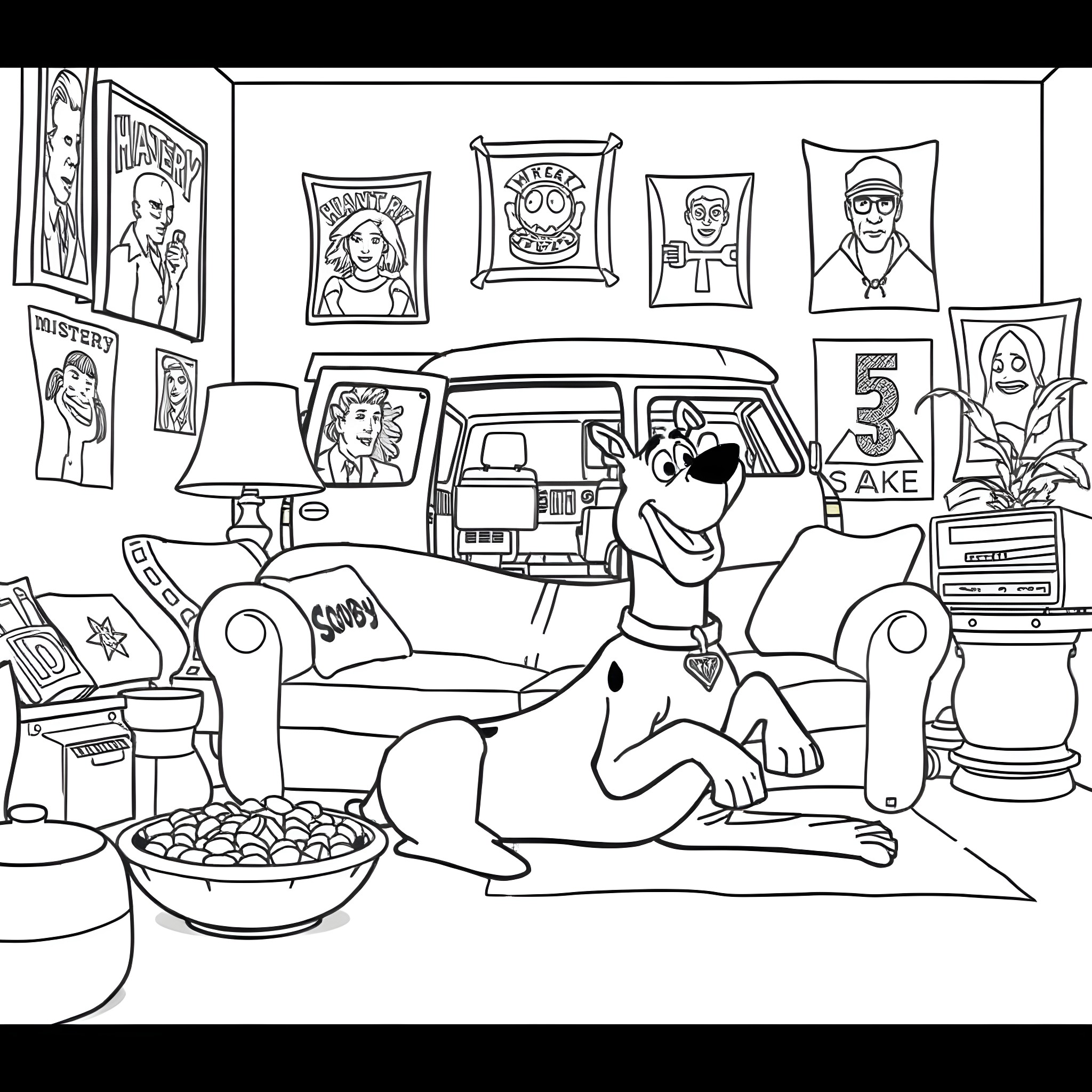 Scooby Doo and Friends Enjoying a Cozy Home Coloring Page (free black-and-white line drawing printable PDF for all, from beginners to advanced learners, including children, teens, adults, and seniors)