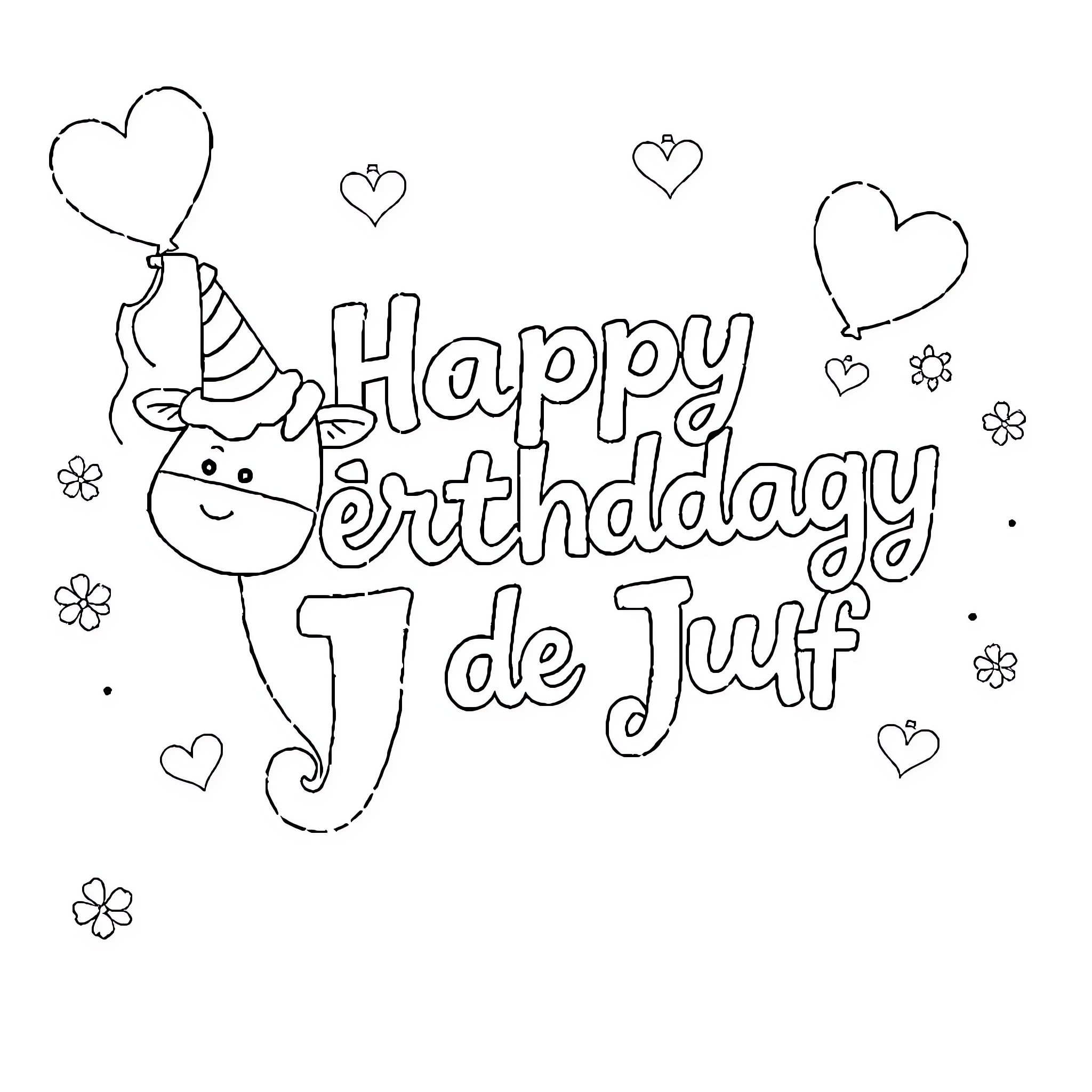 Flag Celebrating Happy Birthday with Balloons and Flowers Coloring Page (free black-and-white line drawing printable PDF for all, from beginners to advanced learners, including children, teens, adults, and seniors)
