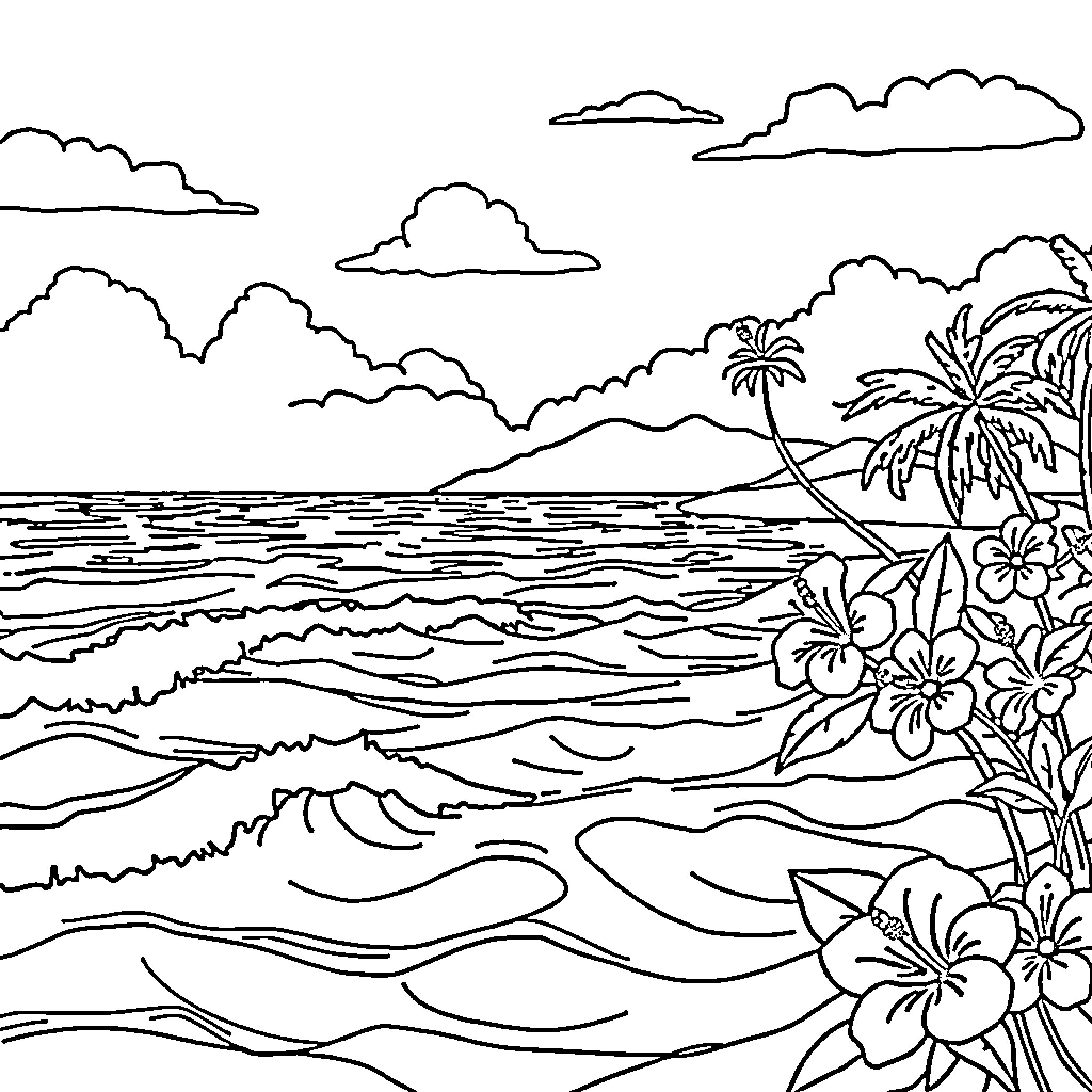 Ocean scenery with tropical flora and waves Coloring Page (free black-and-white line drawing printable PDF for all, from beginners to advanced learners, including children, teens, adults, and seniors)