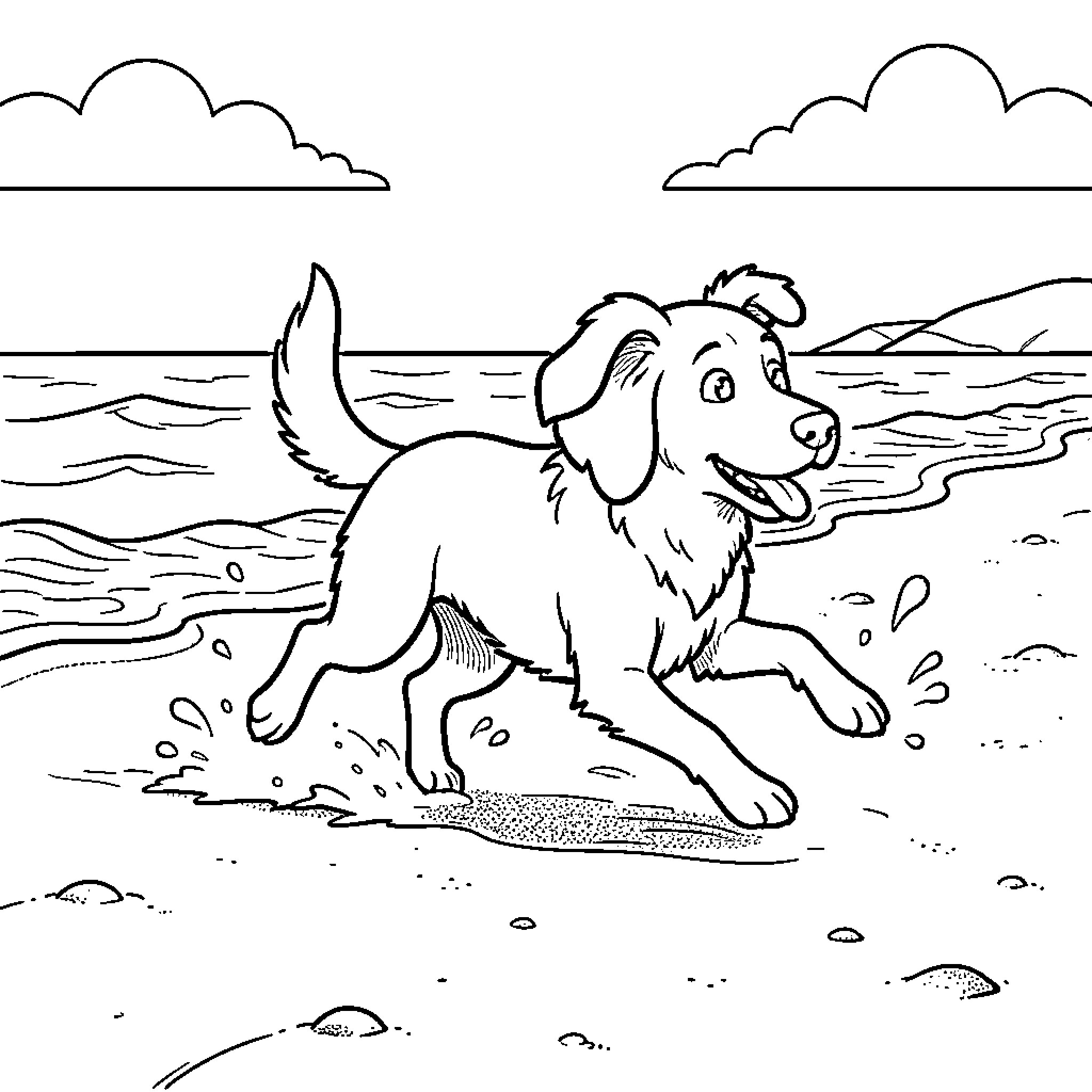 Perro playing joyfully on the beach Coloring Page (free black-and-white line drawing printable PDF for all, from beginners to advanced learners, including children, teens, adults, and seniors)