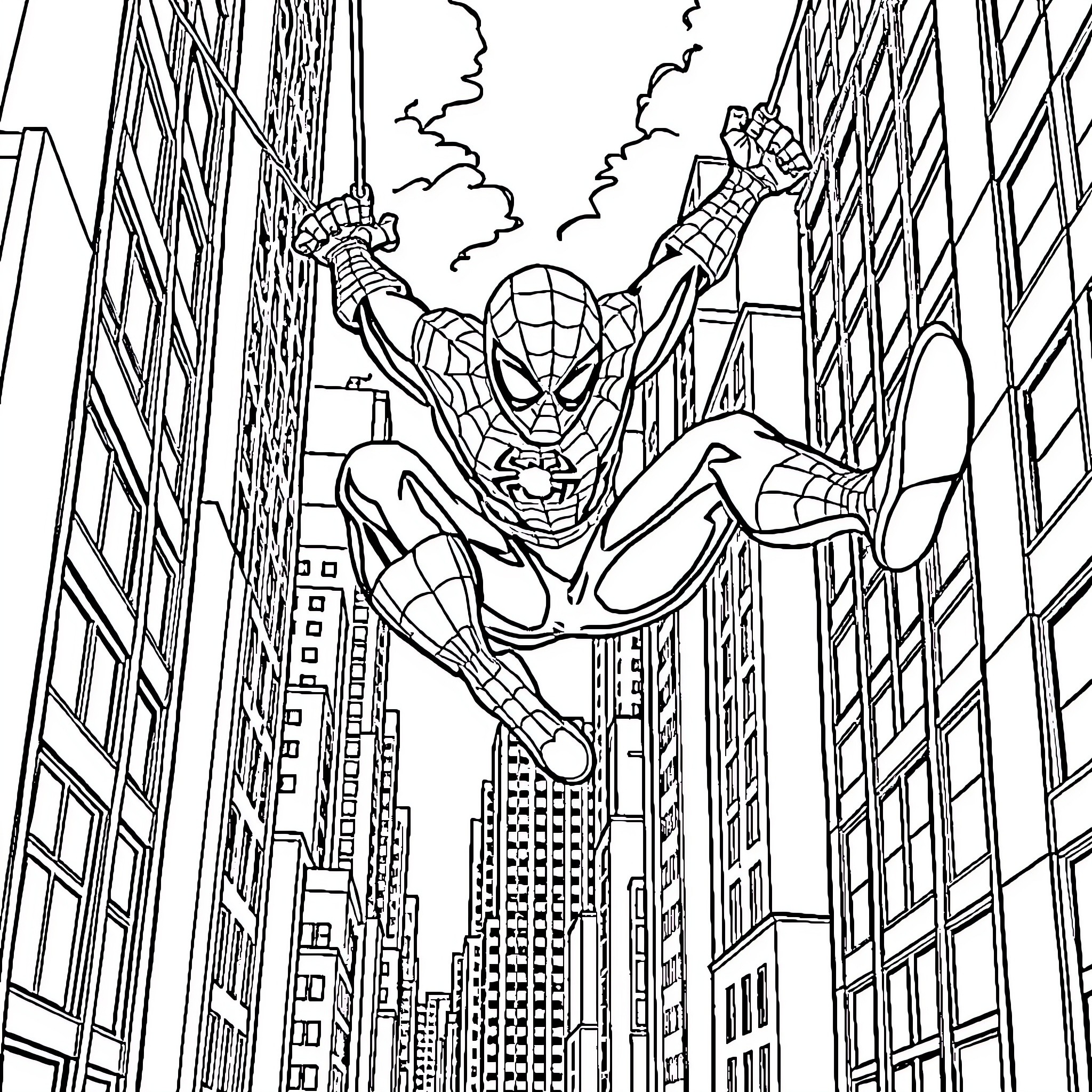 Spiderman swinging high above the city skyscrapers Coloring Page (free black-and-white line drawing printable PDF for all, from beginners to advanced learners, including children, teens, adults, and seniors)