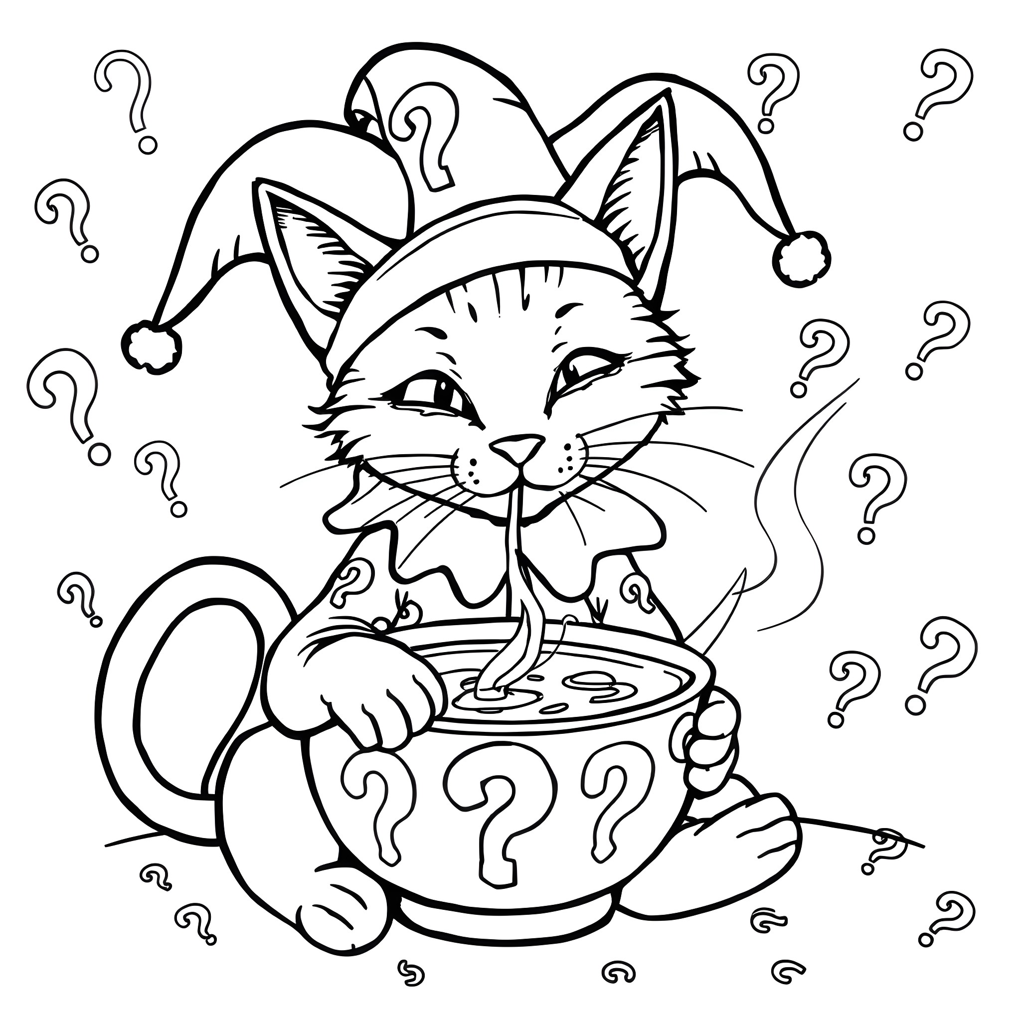 Cat in Jester Hat Drinking Mystery Potion Coloring Page (free black-and-white line drawing printable PDF for all, from beginners to advanced learners, including children, teens, adults, and seniors)