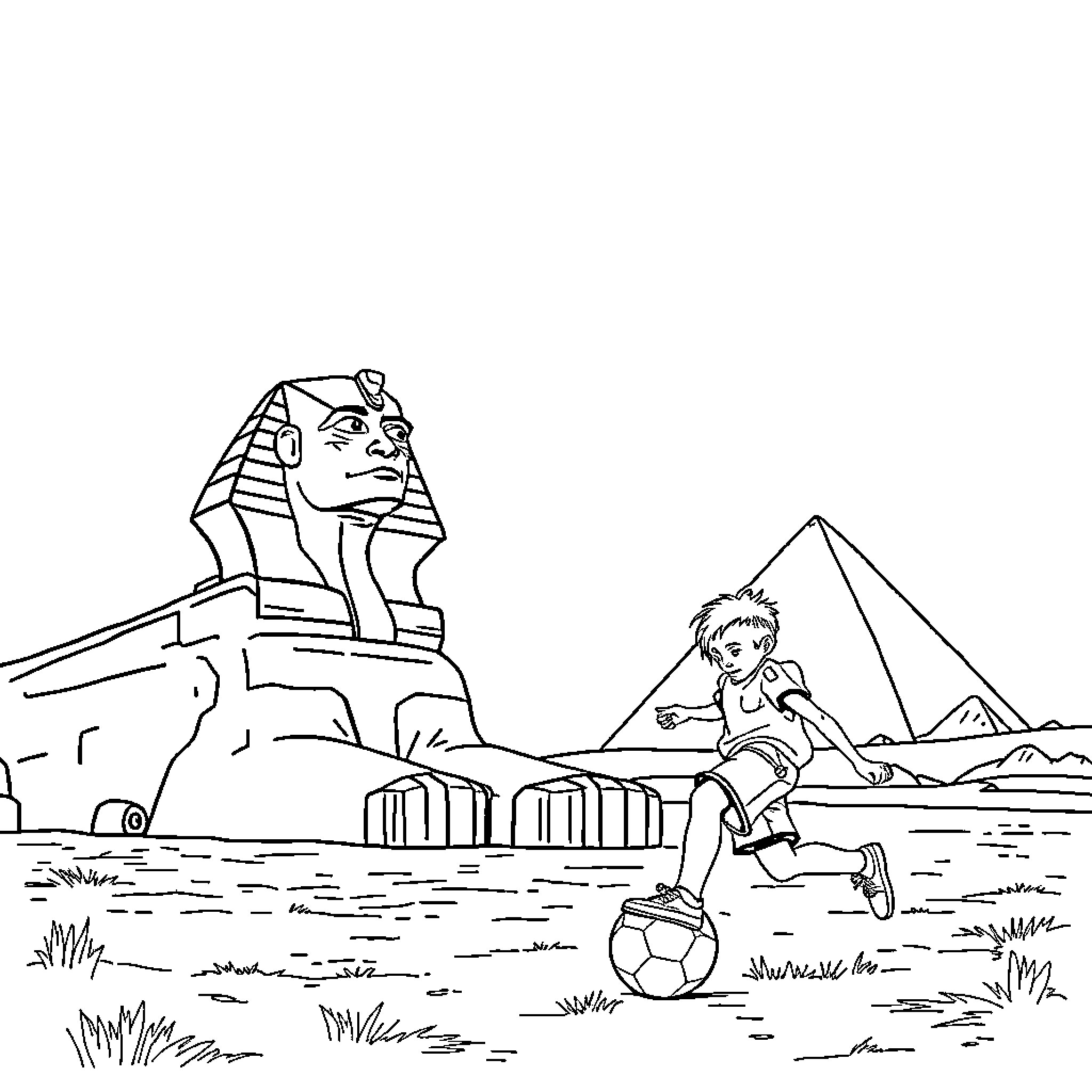 Boy playing soccer near Egyptian sphinx and pyramids Coloring Page (free black-and-white line drawing printable PDF for all, from beginners to advanced learners, including children, teens, adults, and seniors)
