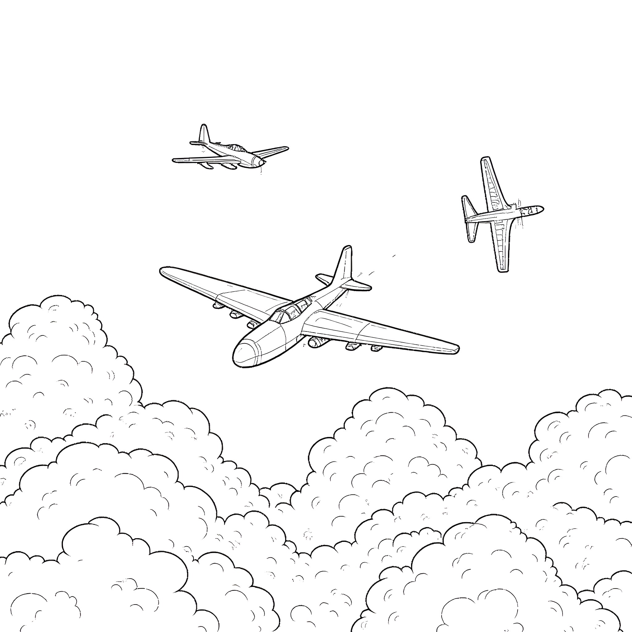 Battle of military aircraft in cloudy skies Coloring Page (free black-and-white line drawing printable PDF for all, from beginners to advanced learners, including children, teens, adults, and seniors)