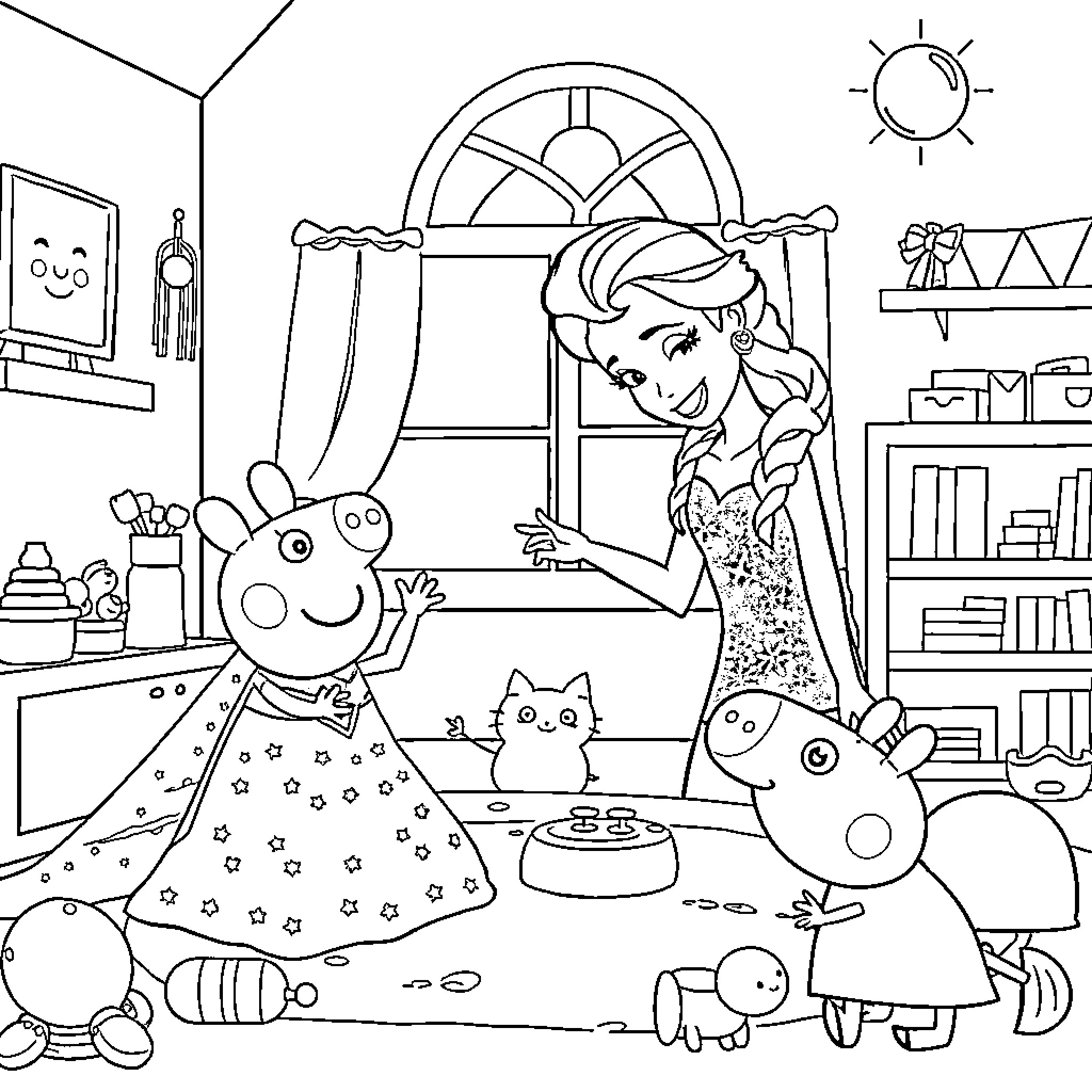 Elsa playing with Peppa Pig toys in her cozy room Coloring Page (free black-and-white line drawing printable PDF for all, from beginners to advanced learners, including children, teens, adults, and seniors)
