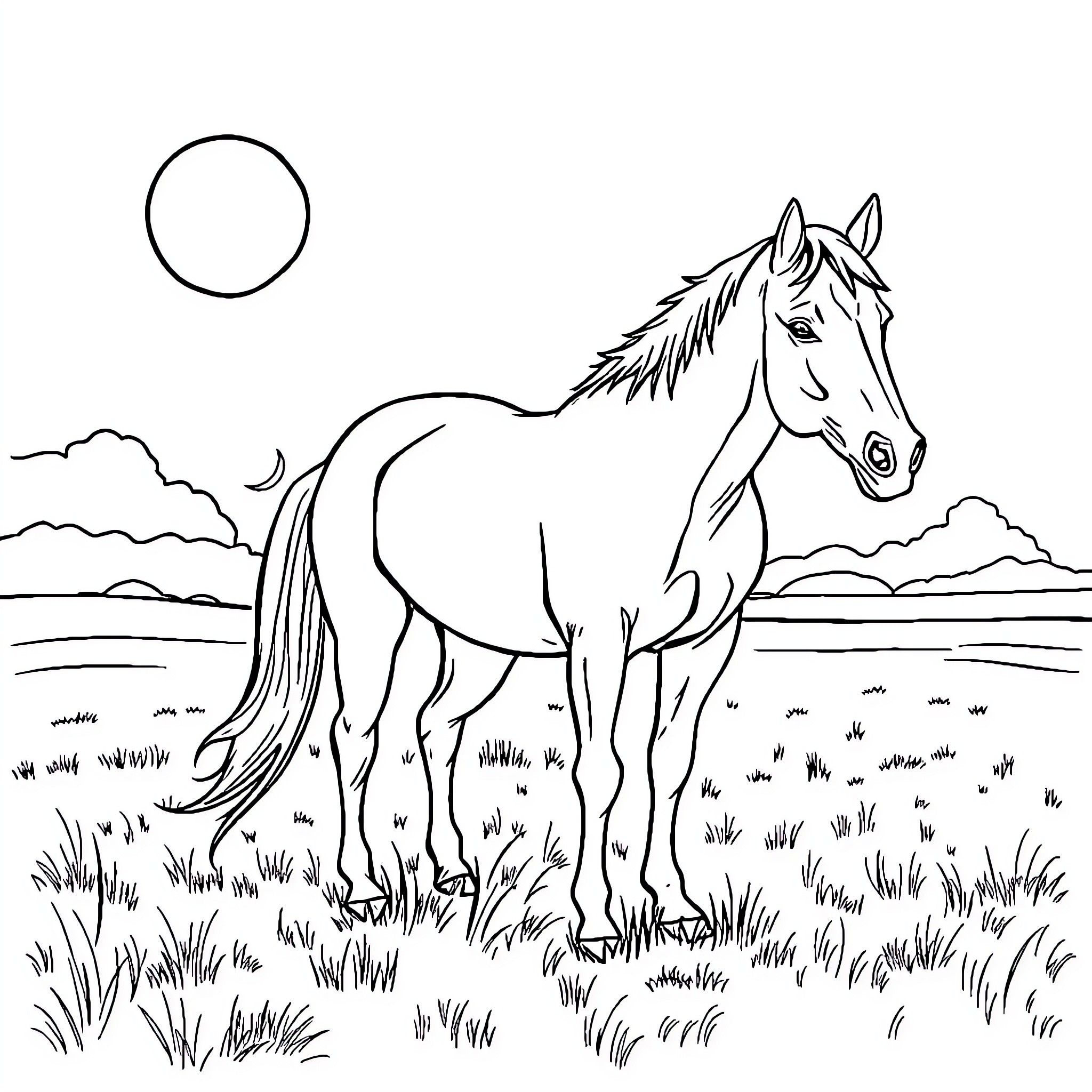 Horse standing in a grassy field under the moon Coloring Page (free black-and-white line drawing printable PDF for all, from beginners to advanced learners, including children, teens, adults, and seniors)