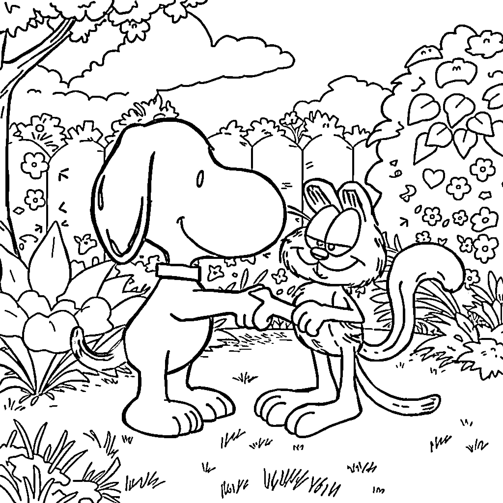 Snoopy and Garfield Explore the Outdoors Coloring Page (free black-and-white line drawing printable PDF for all, from beginners to advanced learners, including children, teens, adults, and seniors)
