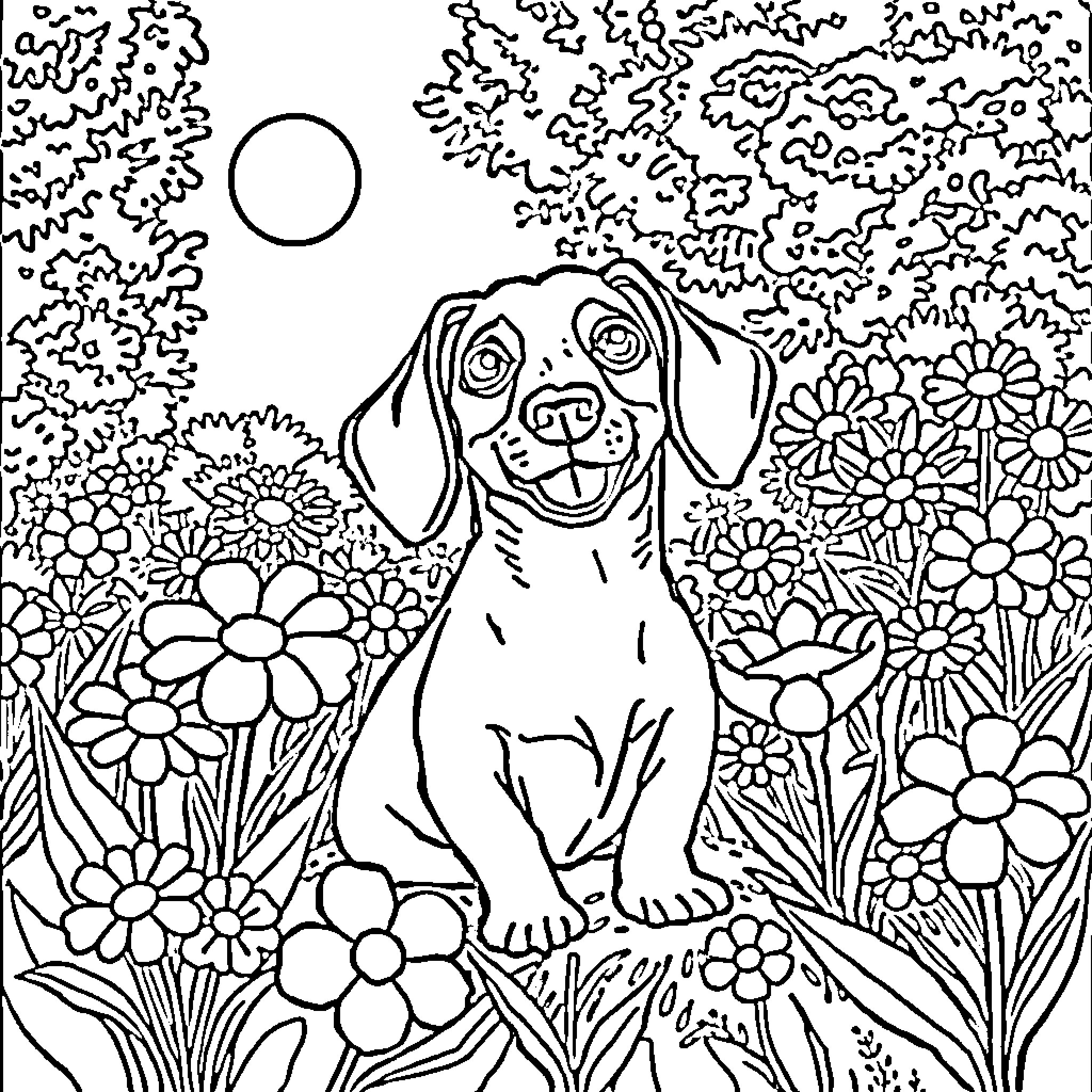 Dachshund enjoying flowers in the garden Coloring Page (free black-and-white line drawing printable PDF for all, from beginners to advanced learners, including children, teens, adults, and seniors)