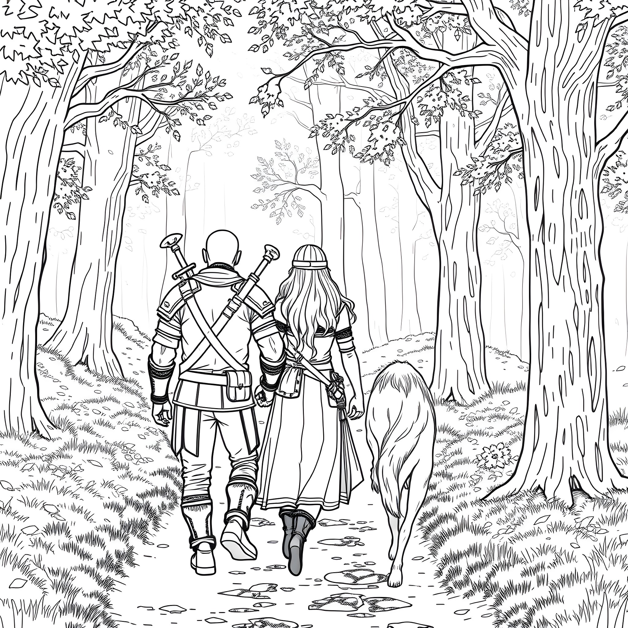Geralt and companion walking through the enchanted forest Coloring Page (free black-and-white line drawing printable PDF for all, from beginners to advanced learners, including children, teens, adults, and seniors)