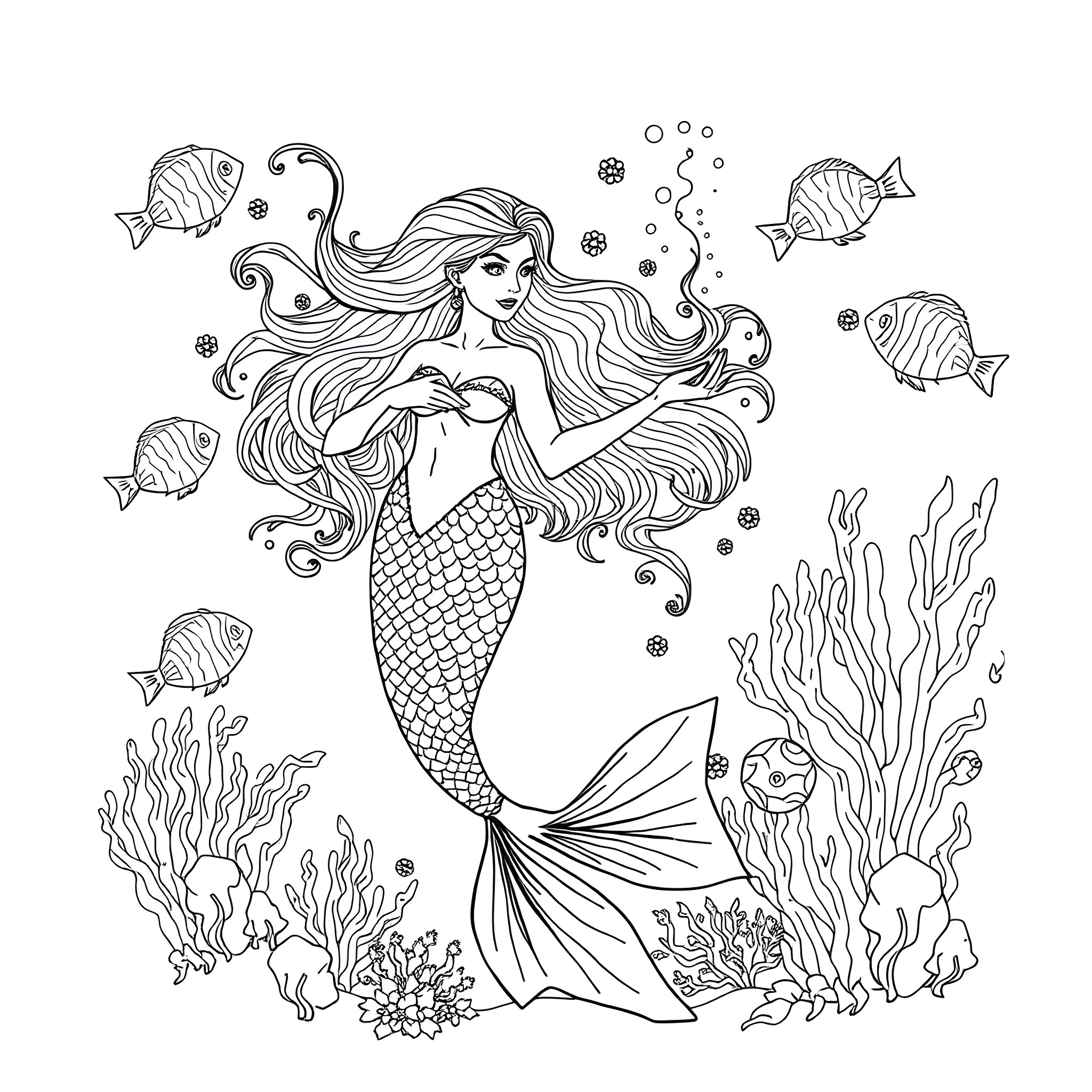 Mermaid gracefully swimming among the marine life Coloring Page (free black-and-white line drawing printable PDF for all, from beginners to advanced learners, including children, teens, adults, and seniors)