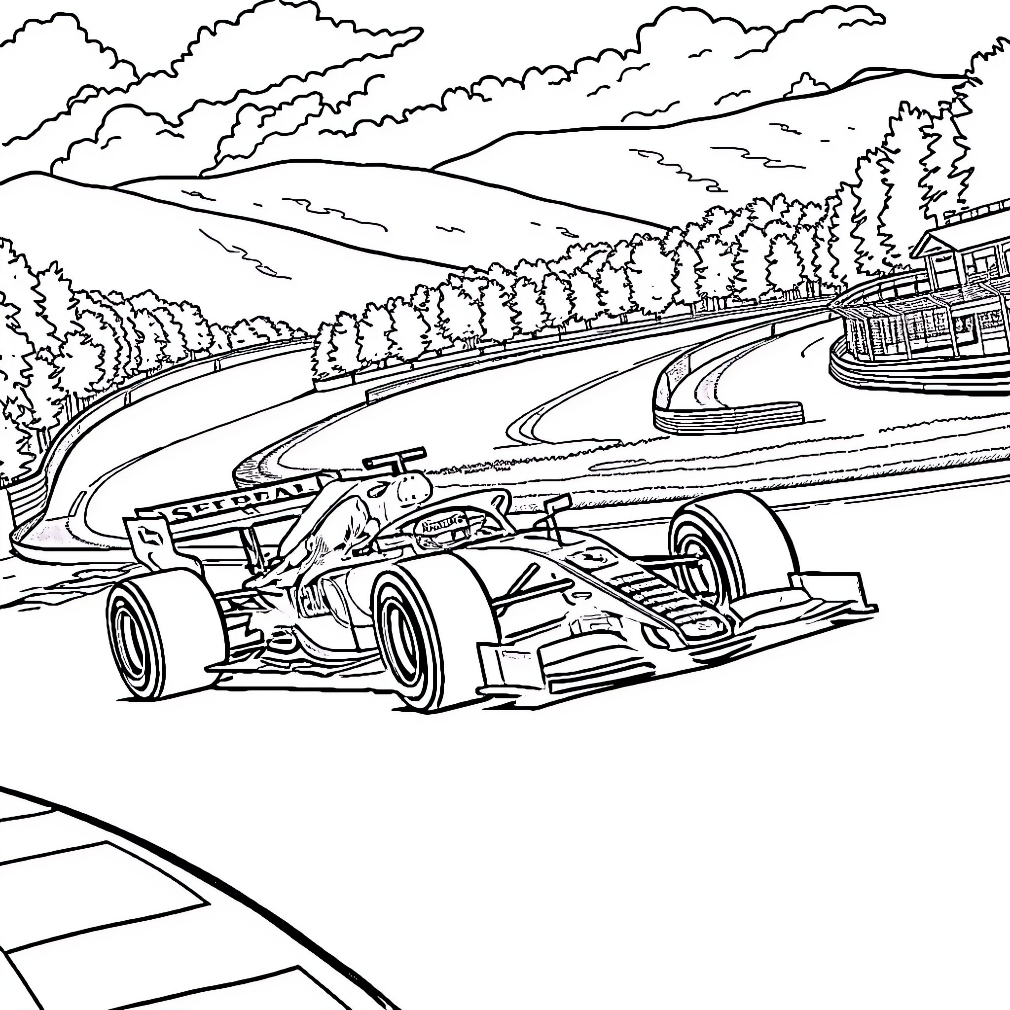 F1 Car racing on winding mountain road Coloring Page (free black-and-white line drawing printable PDF for all, from beginners to advanced learners, including children, teens, adults, and seniors)