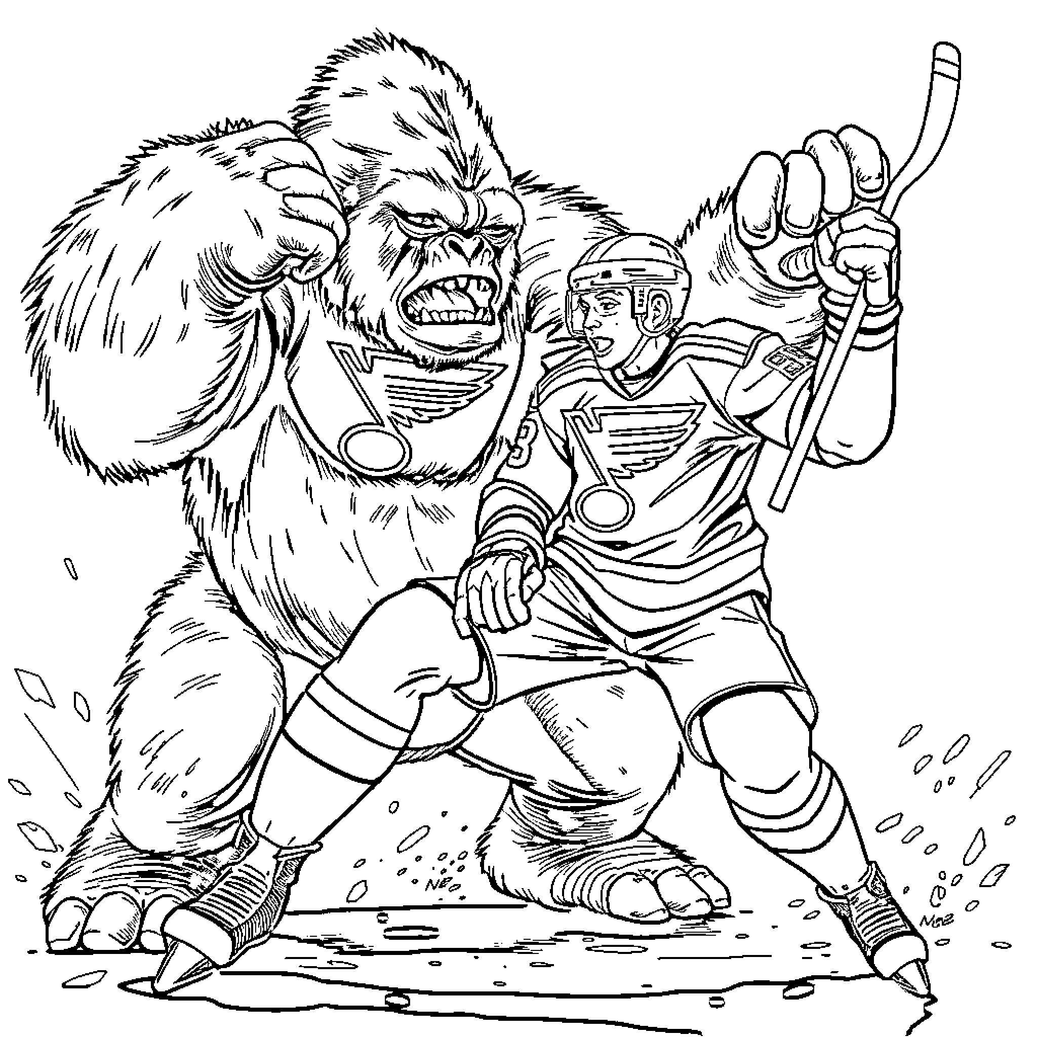 Player fights ferocious beast in intense battle Coloring Page (free black-and-white line drawing printable PDF for all, from beginners to advanced learners, including children, teens, adults, and seniors)