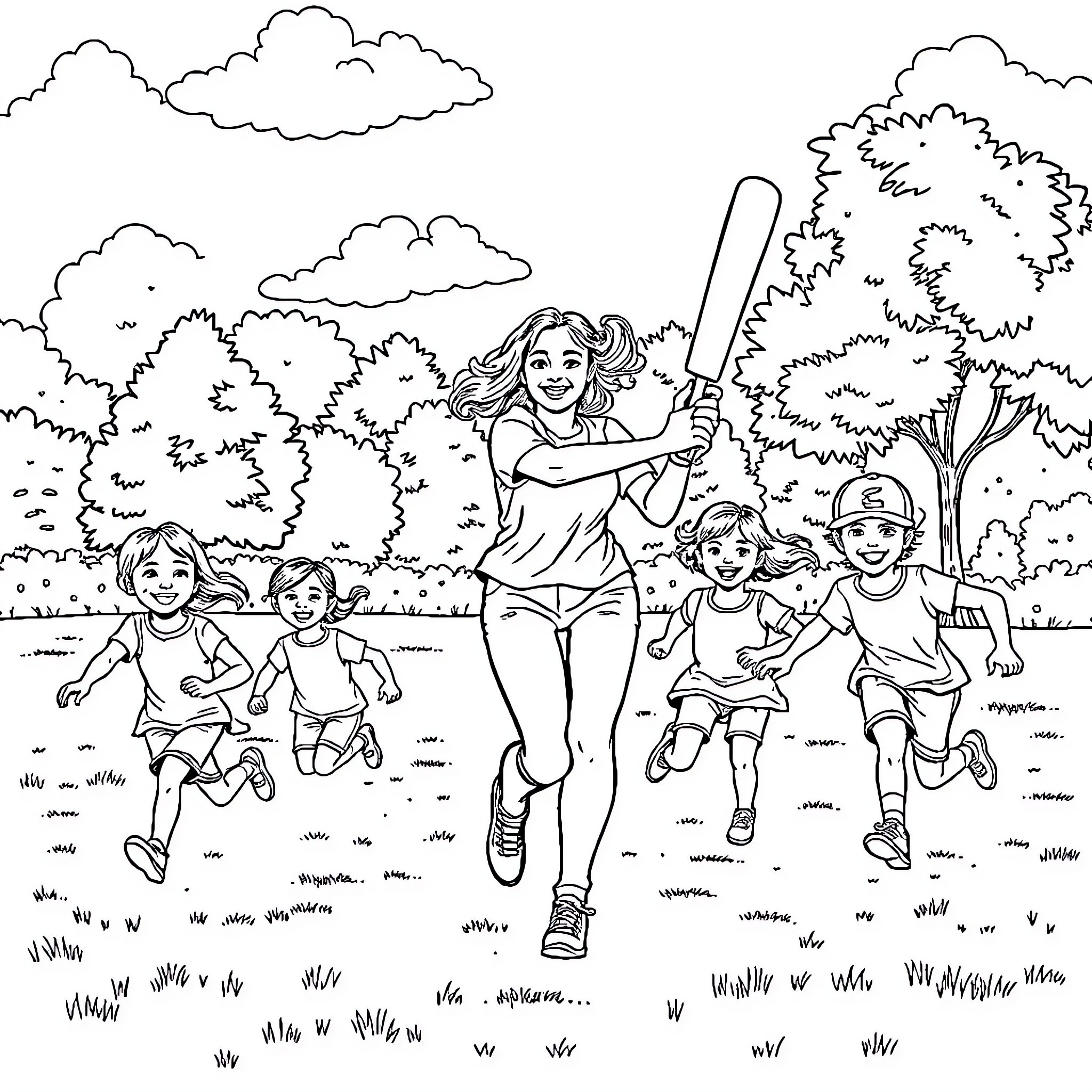 Woman leading children in outdoor play Coloring Page (free black-and-white line drawing printable PDF for all, from beginners to advanced learners, including children, teens, adults, and seniors)