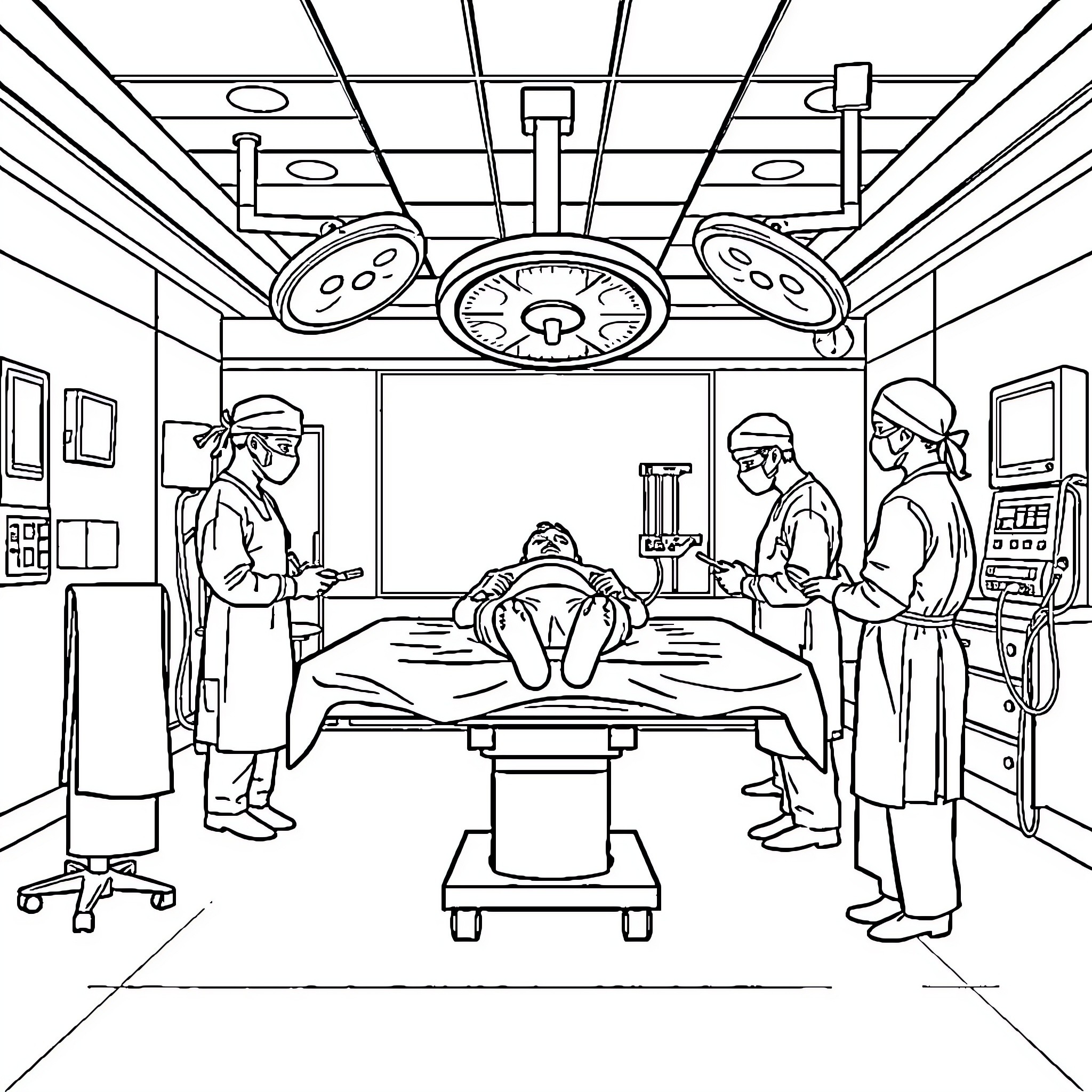 Person undergoing medical procedure in operating room Coloring Page (free black-and-white line drawing printable PDF for all, from beginners to advanced learners, including children, teens, adults, and seniors)