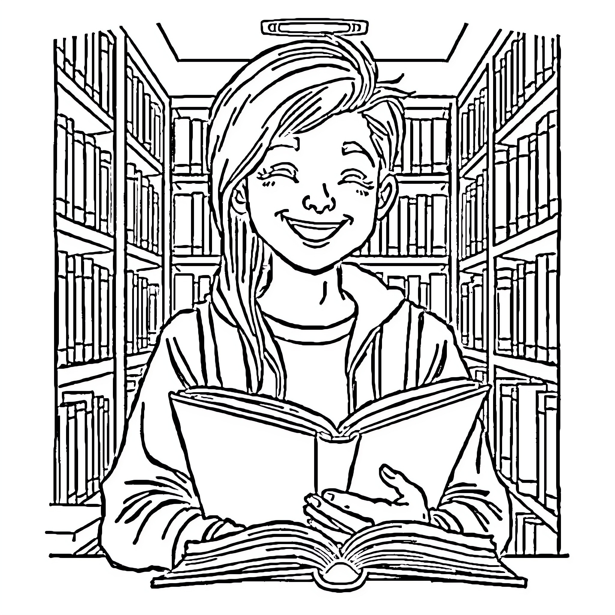 Student Studying Happily in Library Coloring Page (free black-and-white line drawing printable PDF for all, from beginners to advanced learners, including children, teens, adults, and seniors)