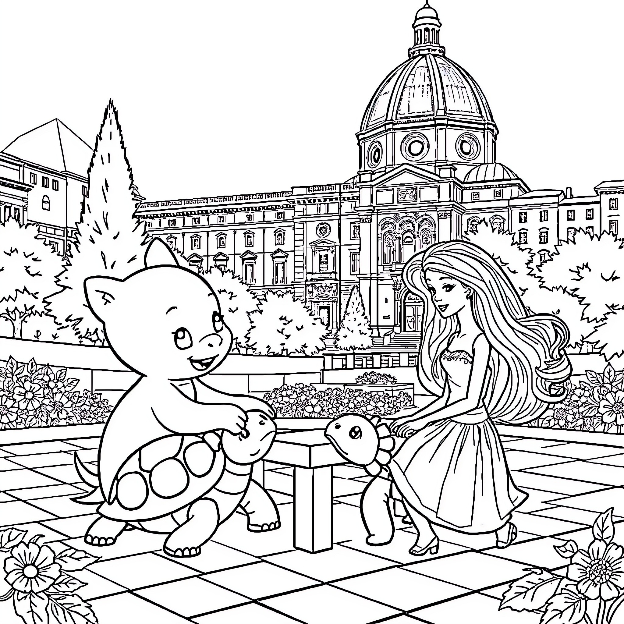 Bluey playing with friends in a picturesque garden Coloring Page (free black-and-white line drawing printable PDF for all, from beginners to advanced learners, including children, teens, adults, and seniors)