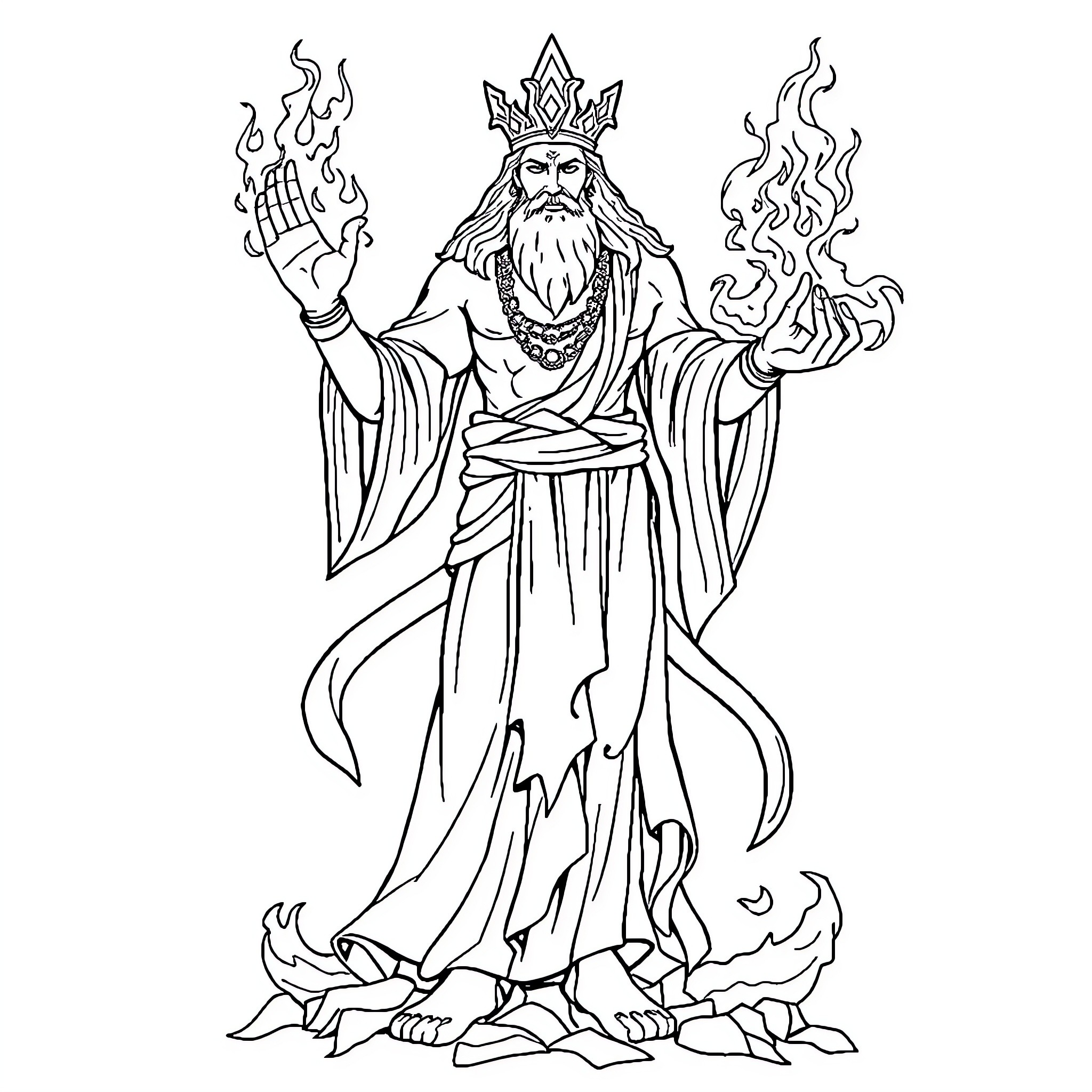 God of Fire and Storms in Majestic Robes Coloring Page (free black-and-white line drawing printable PDF for all, from beginners to advanced learners, including children, teens, adults, and seniors)