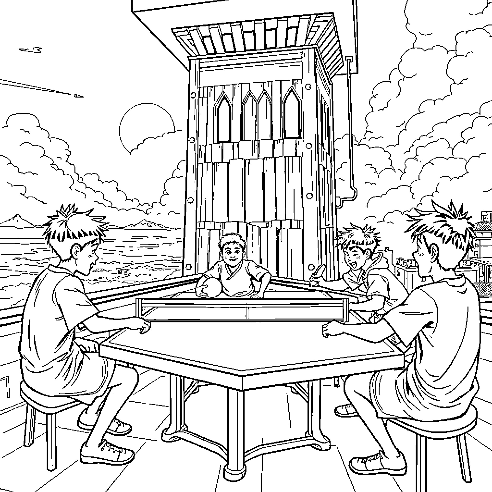 Boys playing games together in a scenic outdoor setting Coloring Page (free black-and-white line drawing printable PDF for all, from beginners to advanced learners, including children, teens, adults, and seniors)
