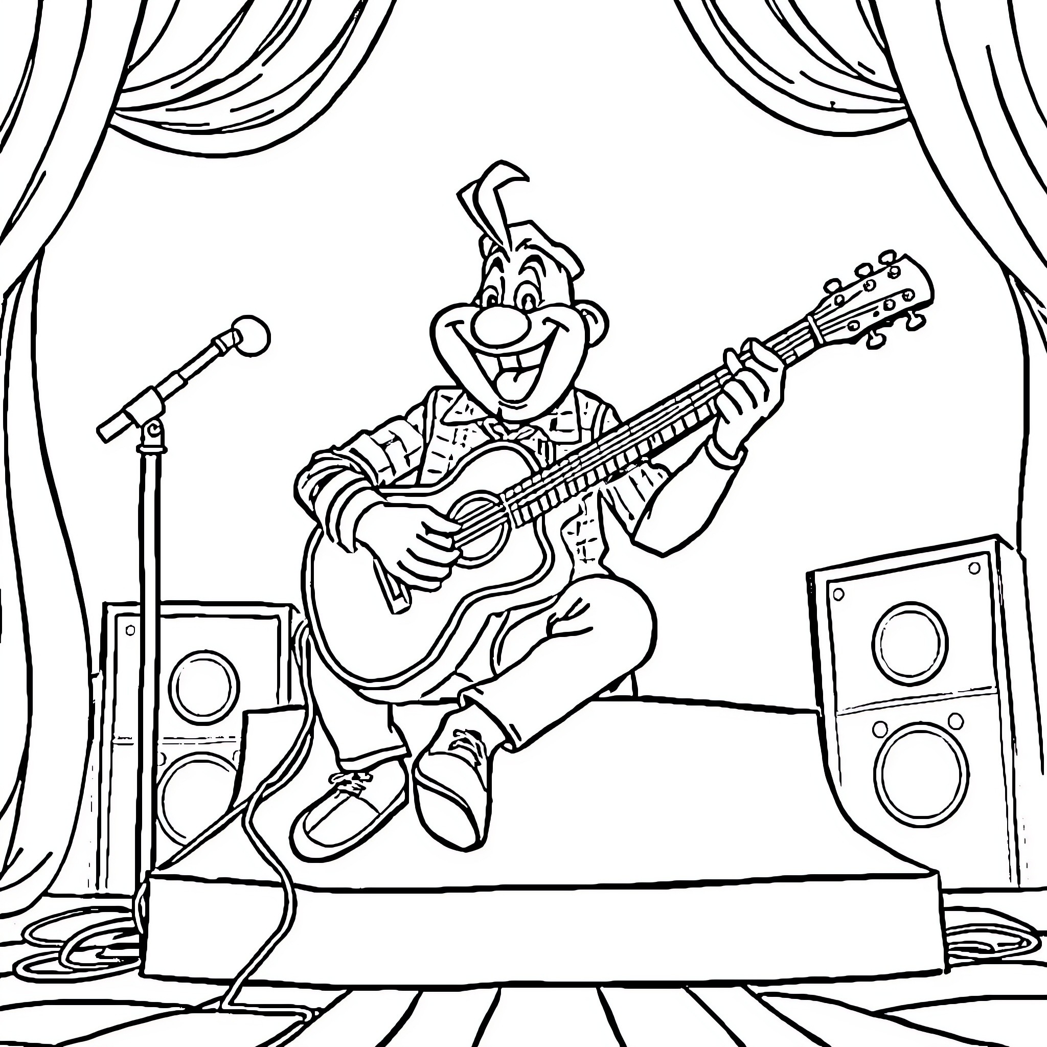Bill Cipher Performing on Stage with Guitar Coloring Page (free black-and-white line drawing printable PDF for all, from beginners to advanced learners, including children, teens, adults, and seniors)