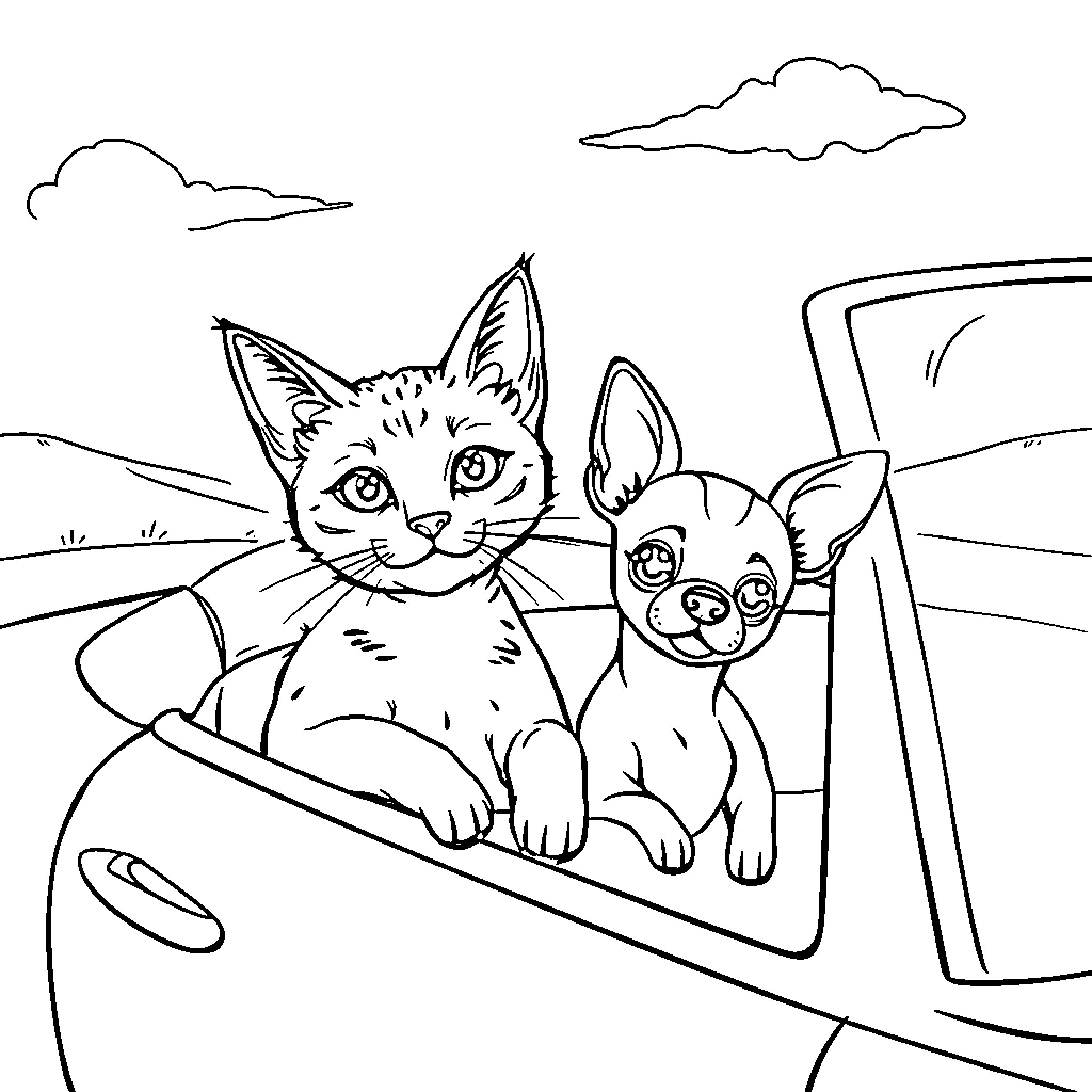 Car carrying happy pets on a road trip Coloring Page (free black-and-white line drawing printable PDF for all, from beginners to advanced learners, including children, teens, adults, and seniors)