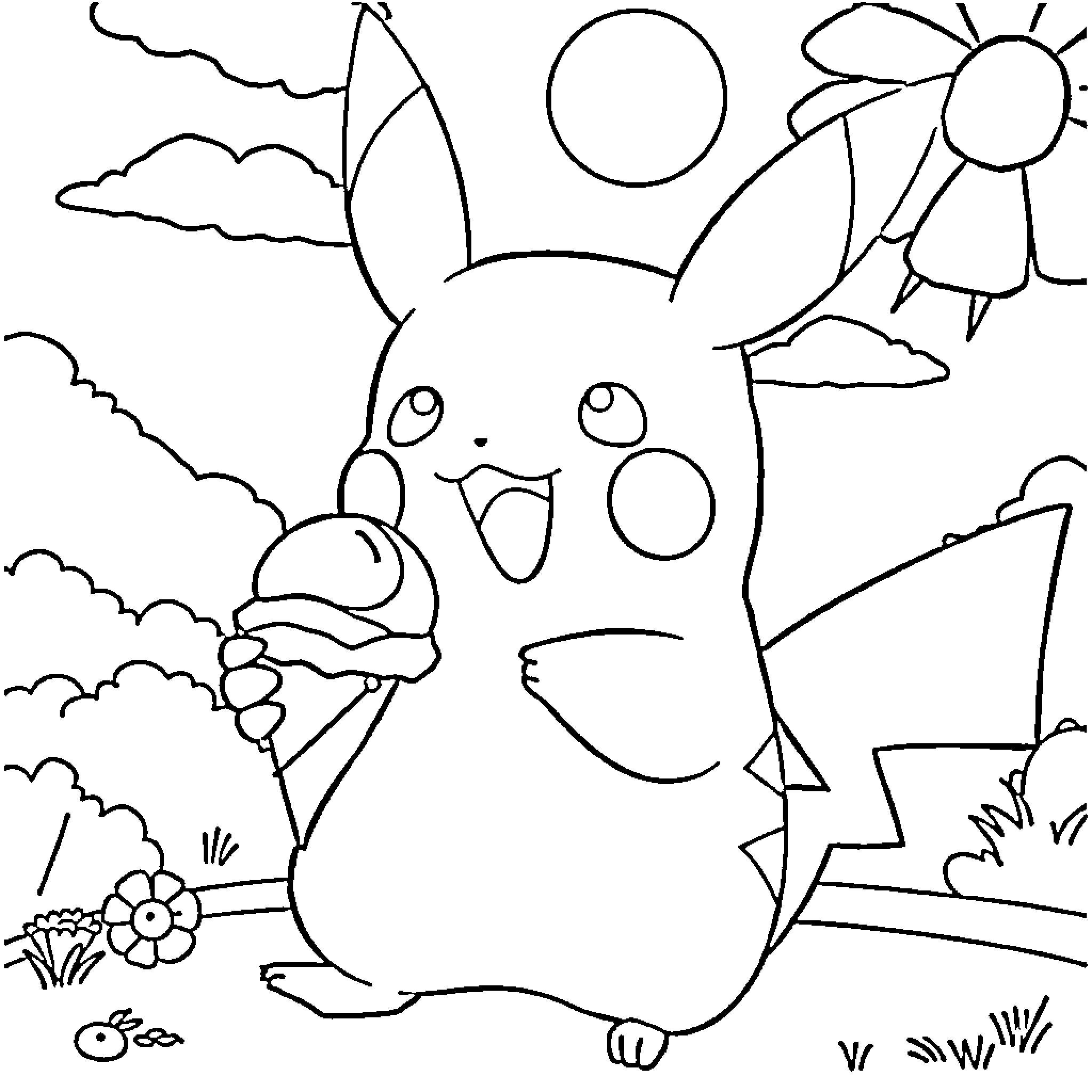 Pikachu enjoying a sunny day outdoors Coloring Page (free black-and-white line drawing printable PDF for all, from beginners to advanced learners, including children, teens, adults, and seniors)