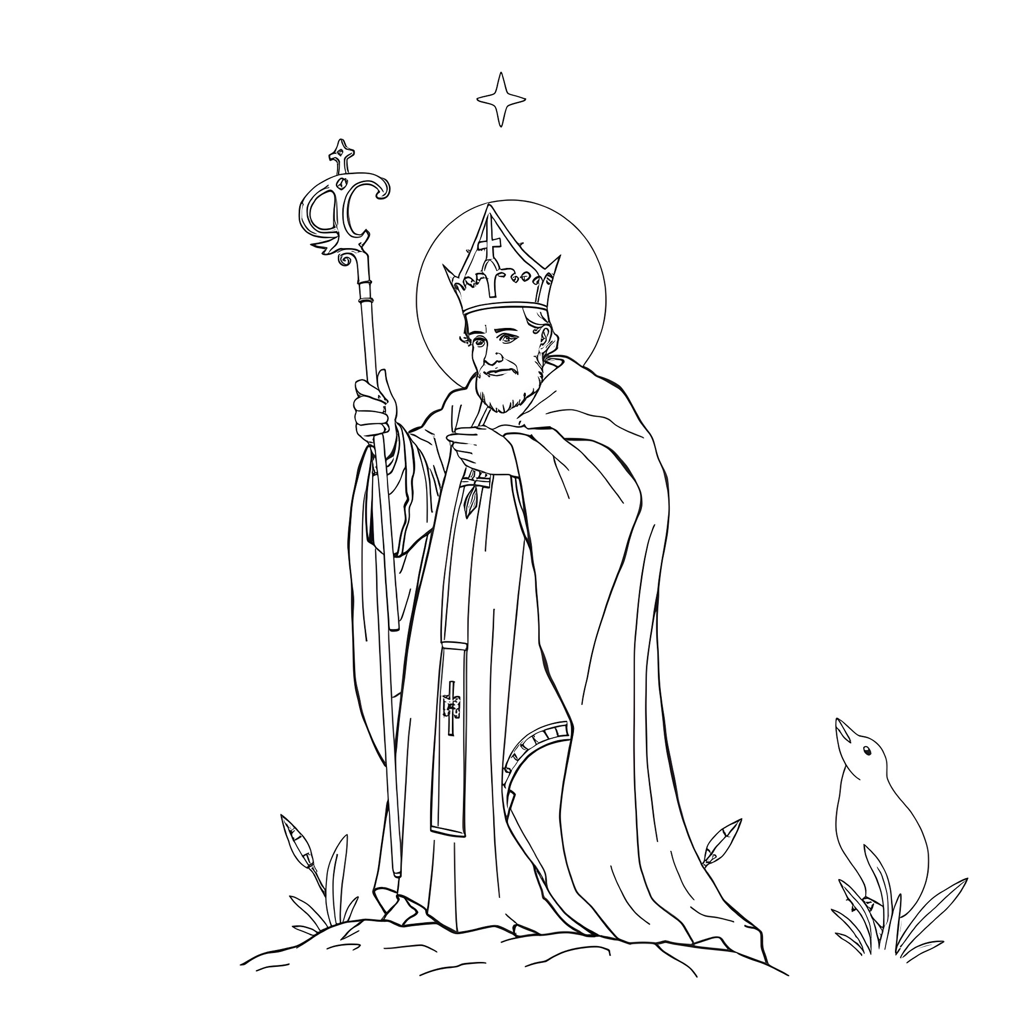 Saint Francis Holding a Scepter and Surrounded by Nature Coloring Page (free black-and-white line drawing printable PDF for all, from beginners to advanced learners, including children, teens, adults, and seniors)