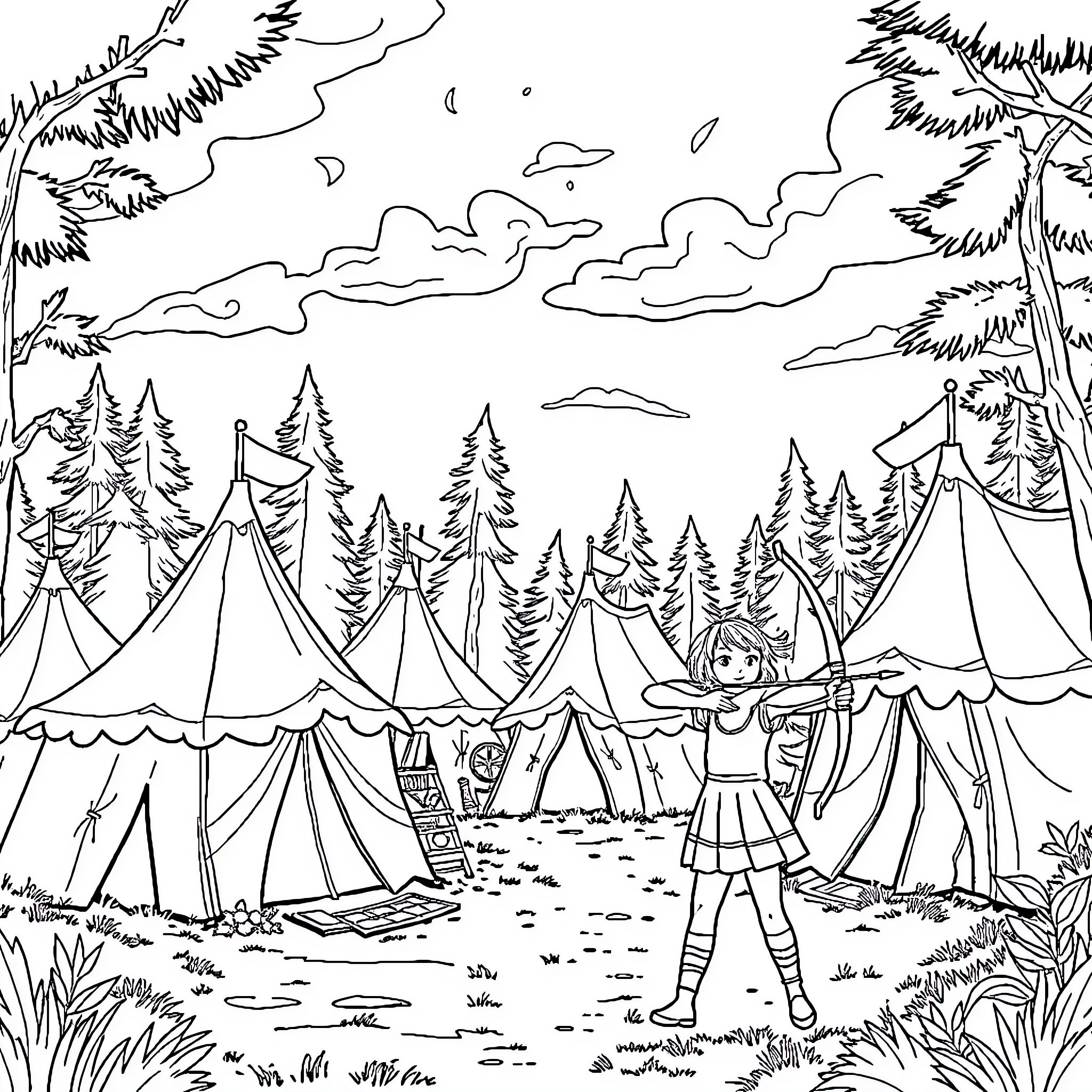 Camp Halfblood: Campers Gather in Tents Under Cloudy Skies Coloring Page (free black-and-white line drawing printable PDF for all, from beginners to advanced learners, including children, teens, adults, and seniors)