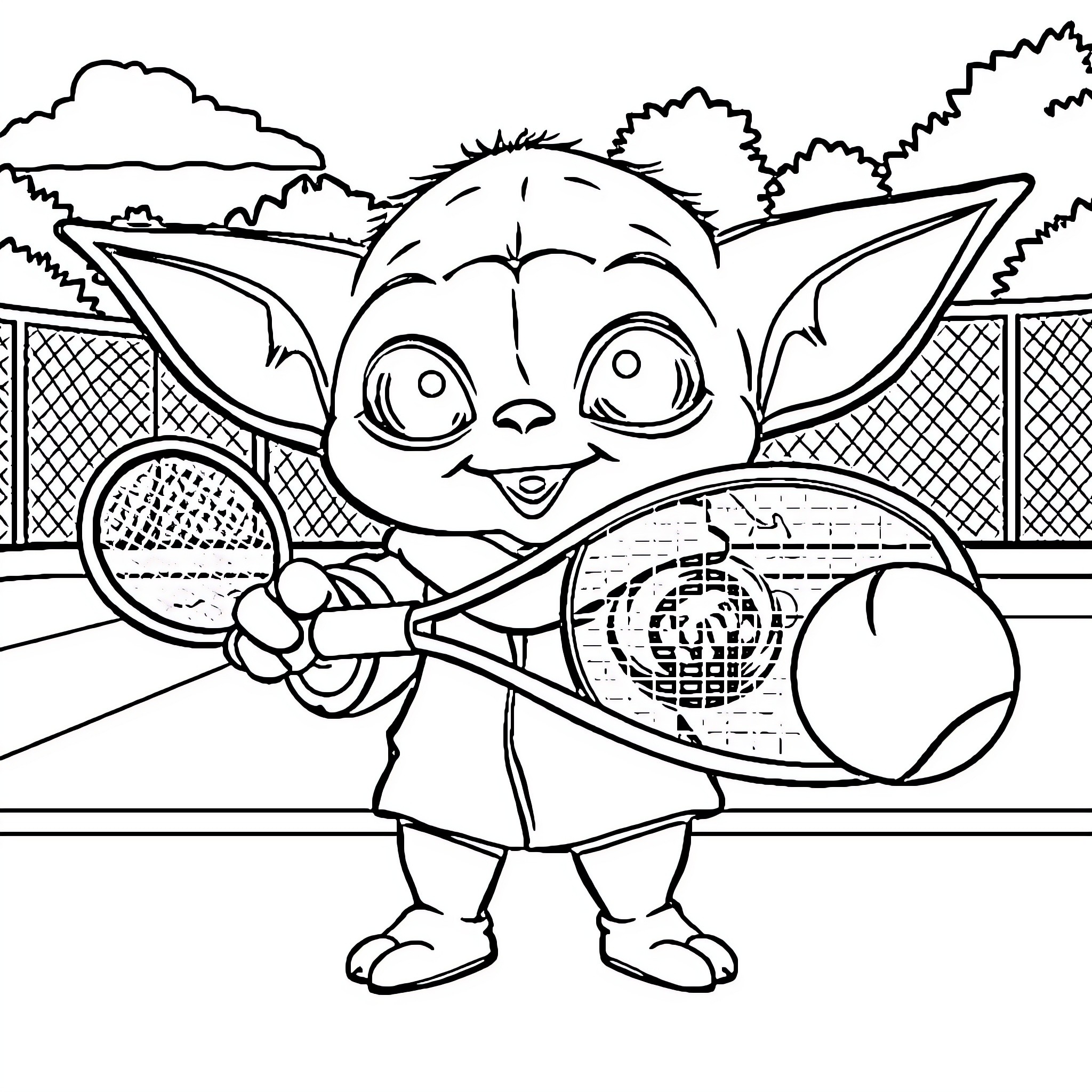 Baby Yoda playing with tennis racket Coloring Page (free black-and-white line drawing printable PDF for all, from beginners to advanced learners, including children, teens, adults, and seniors)