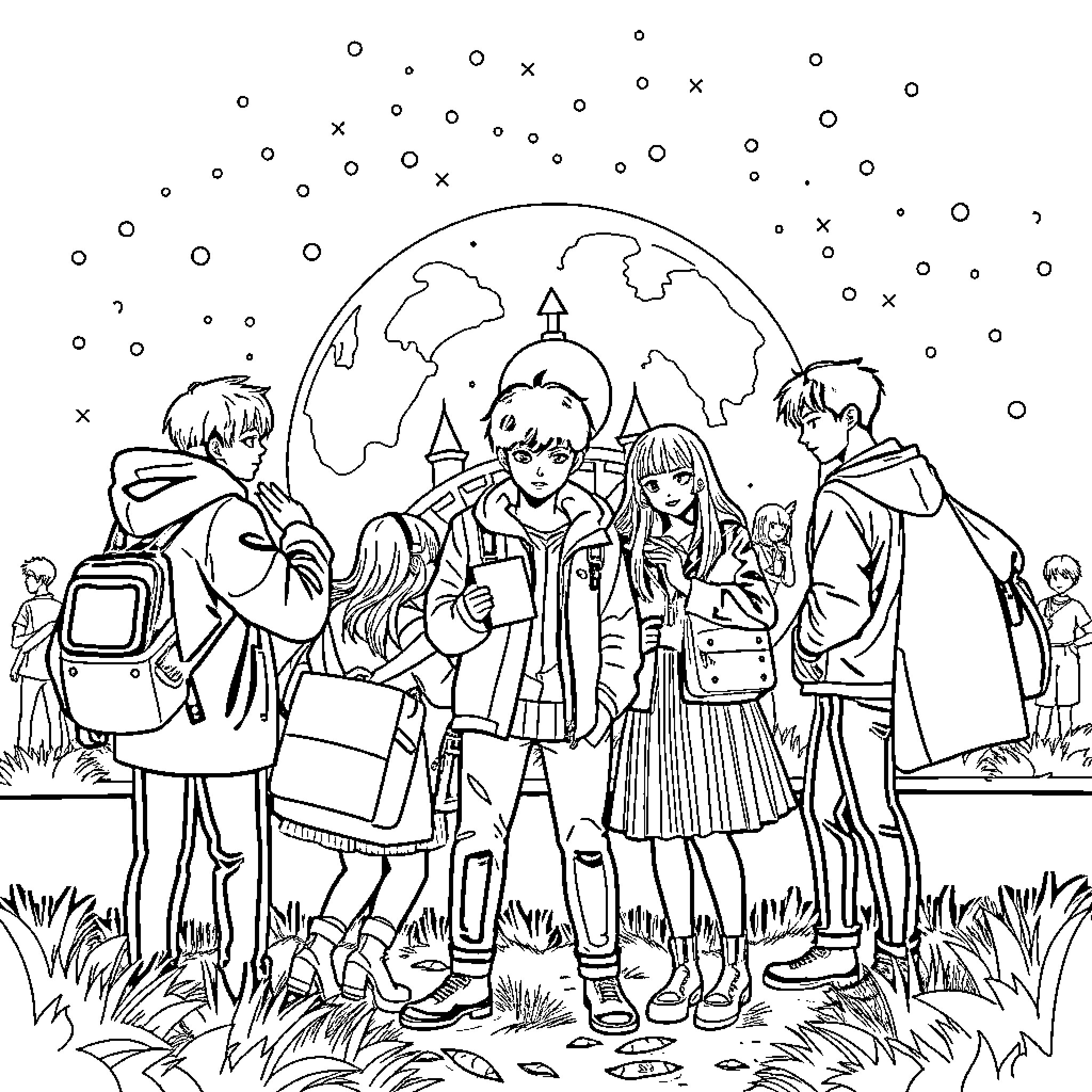 K Pop Friends Exploring The World Together Coloring Page (free black-and-white line drawing printable PDF for all, from beginners to advanced learners, including children, teens, adults, and seniors)