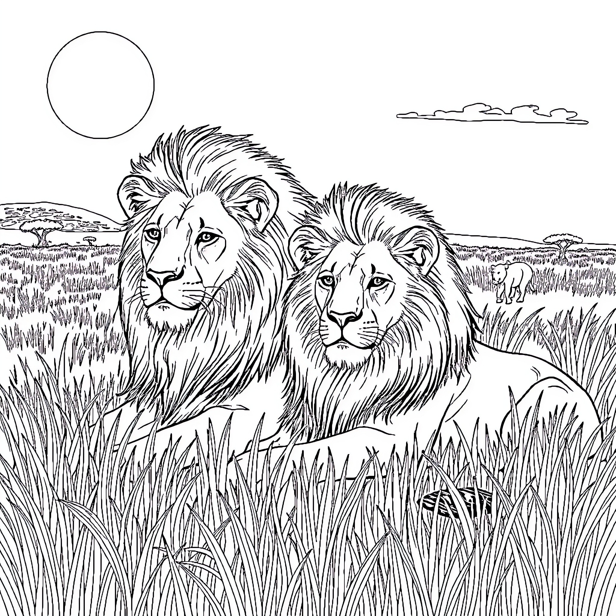 Lion Pair Resting in Grassy Savanna Landscape Coloring Page (free black-and-white line drawing printable PDF for all, from beginners to advanced learners, including children, teens, adults, and seniors)