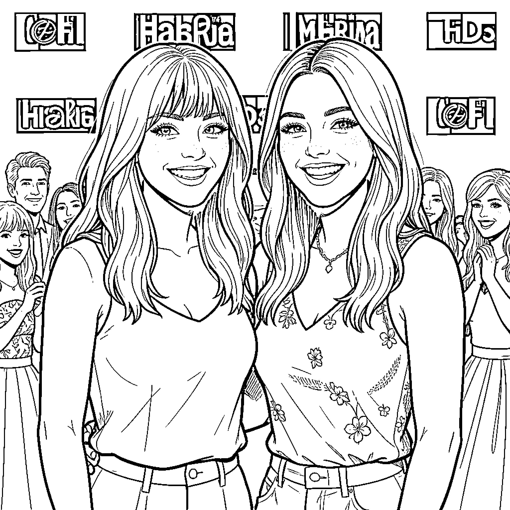 Sabrina Carpenter Smiling Cheerfully with Friends Coloring Page (free black-and-white line drawing printable PDF for all, from beginners to advanced learners, including children, teens, adults, and seniors)