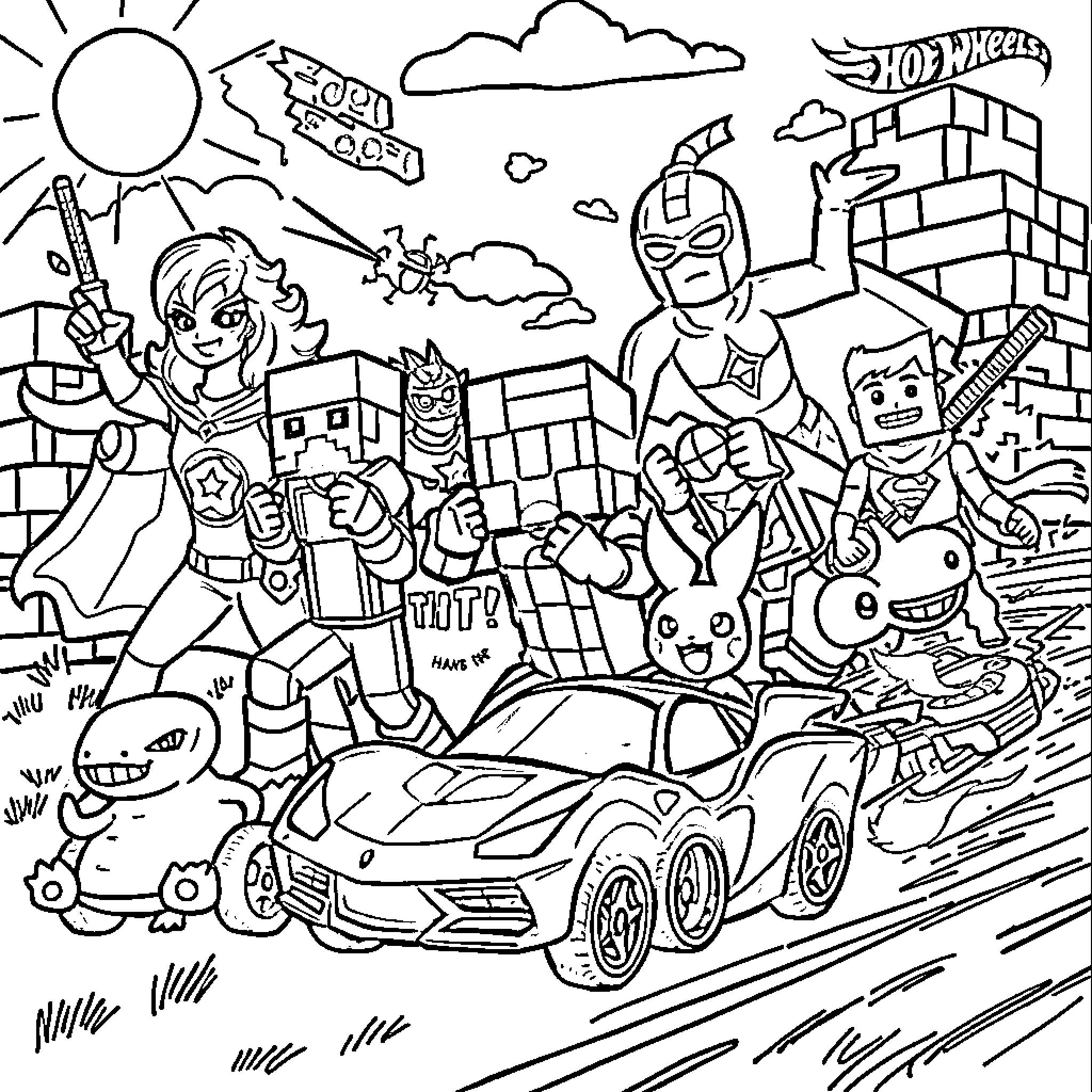 Superheroes in an Adventurous Hot Wheels Scene Coloring Page (free black-and-white line drawing printable PDF for all, from beginners to advanced learners, including children, teens, adults, and seniors)