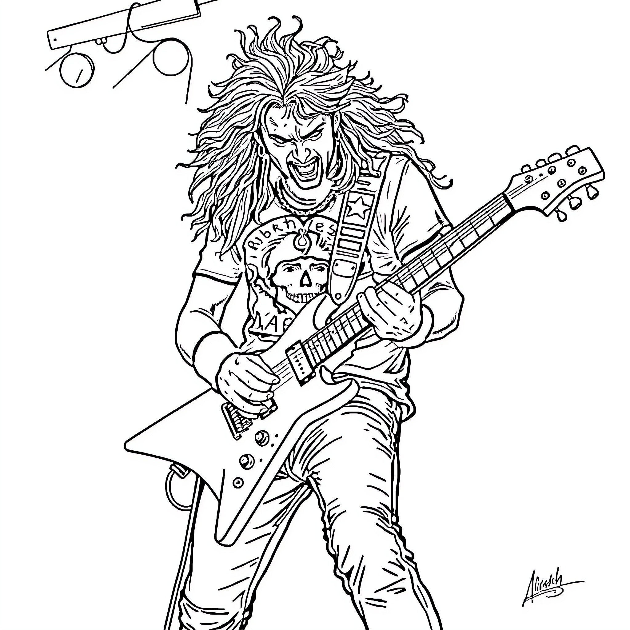 Dimebag Darrell shredding on electric guitar on stage Coloring Page (free black-and-white line drawing printable PDF for all, from beginners to advanced learners, including children, teens, adults, and seniors)