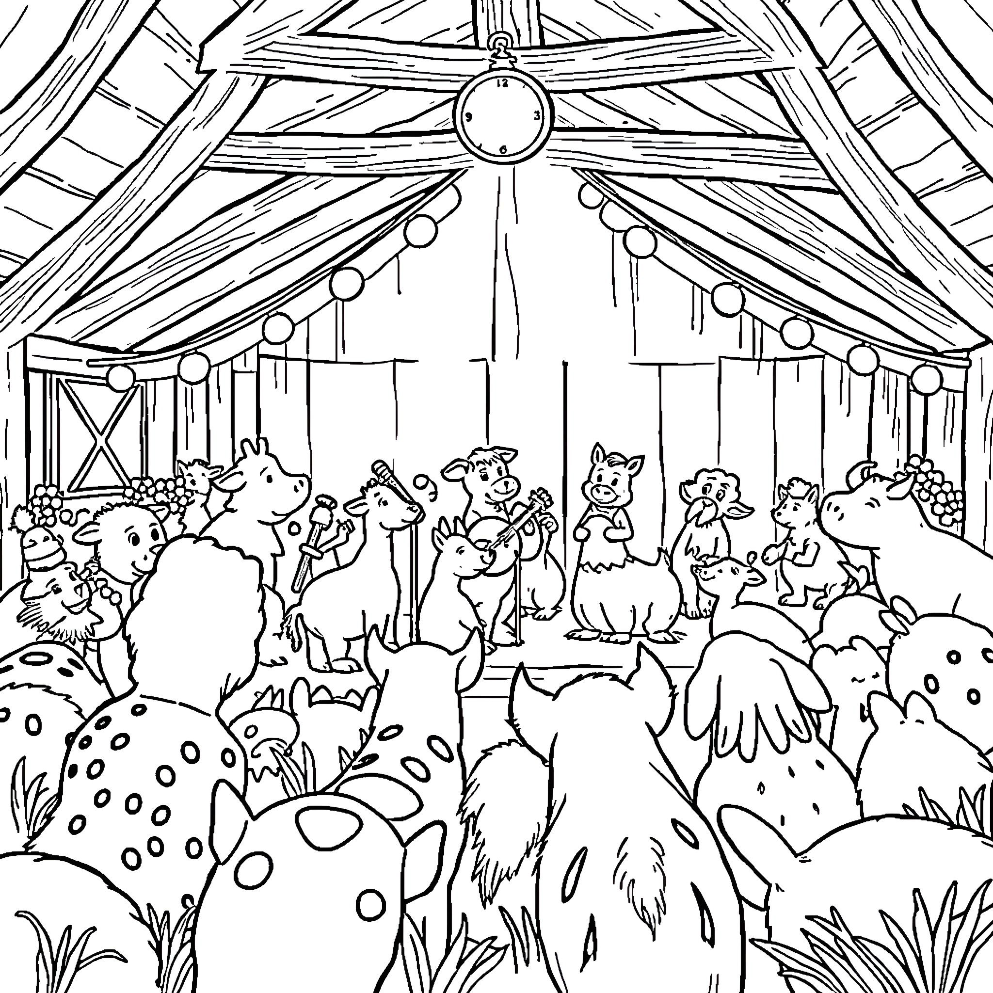 Barnyard animals gathered for a celebration Coloring Page (free black-and-white line drawing printable PDF for all, from beginners to advanced learners, including children, teens, adults, and seniors)