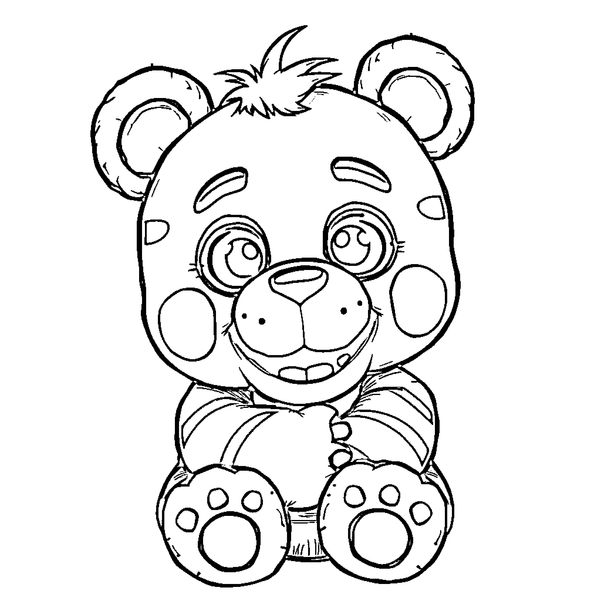 Freddy Fazbear smiling happily in a cartoon style Coloring Page (free black-and-white line drawing printable PDF for all, from beginners to advanced learners, including children, teens, adults, and seniors)