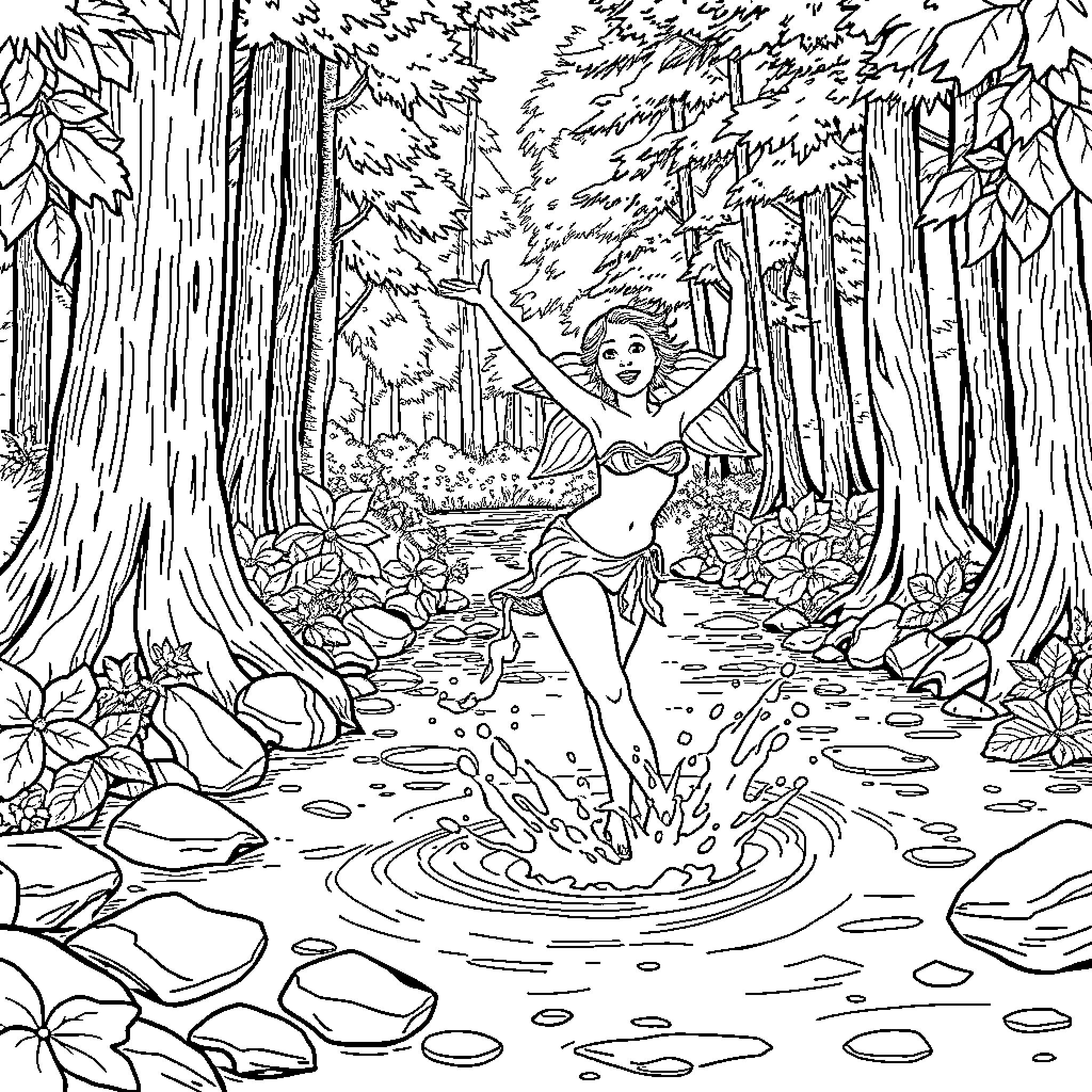 Nymph Frolicking Joyfully in Forest Stream Coloring Page (free black-and-white line drawing printable PDF for all, from beginners to advanced learners, including children, teens, adults, and seniors)