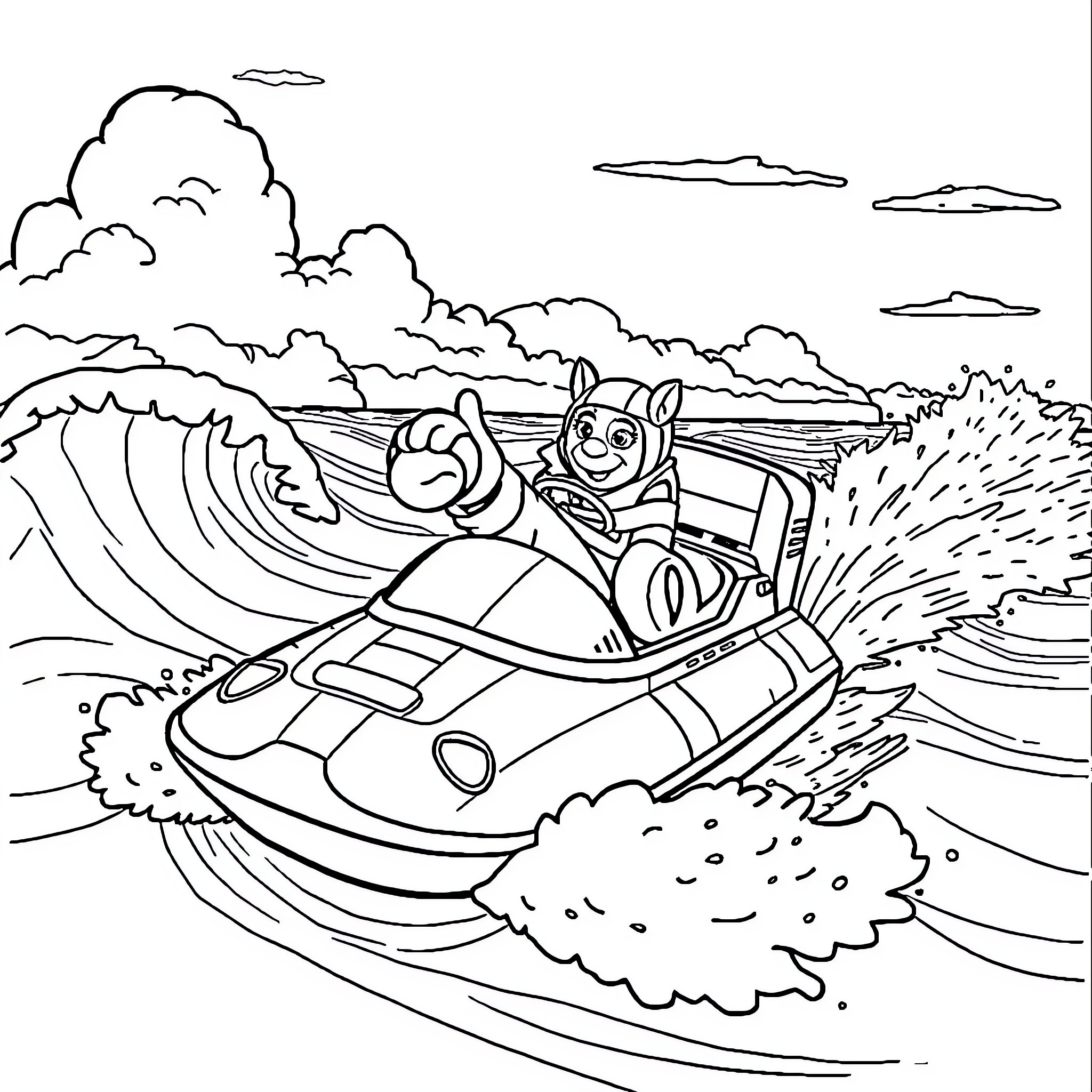 Zuma enjoying a fun ride on a futuristic vehicle Coloring Page (free black-and-white line drawing printable PDF for all, from beginners to advanced learners, including children, teens, adults, and seniors)