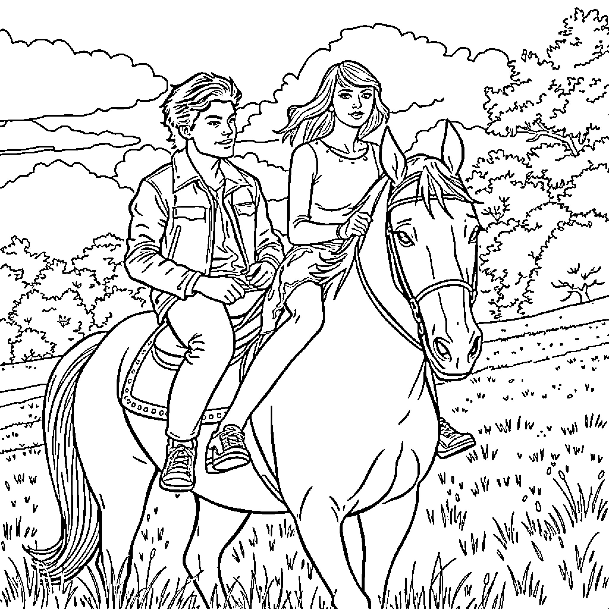 Horse-drawn carriage with couple enjoying nature Coloring Page (free black-and-white line drawing printable PDF for all, from beginners to advanced learners, including children, teens, adults, and seniors)