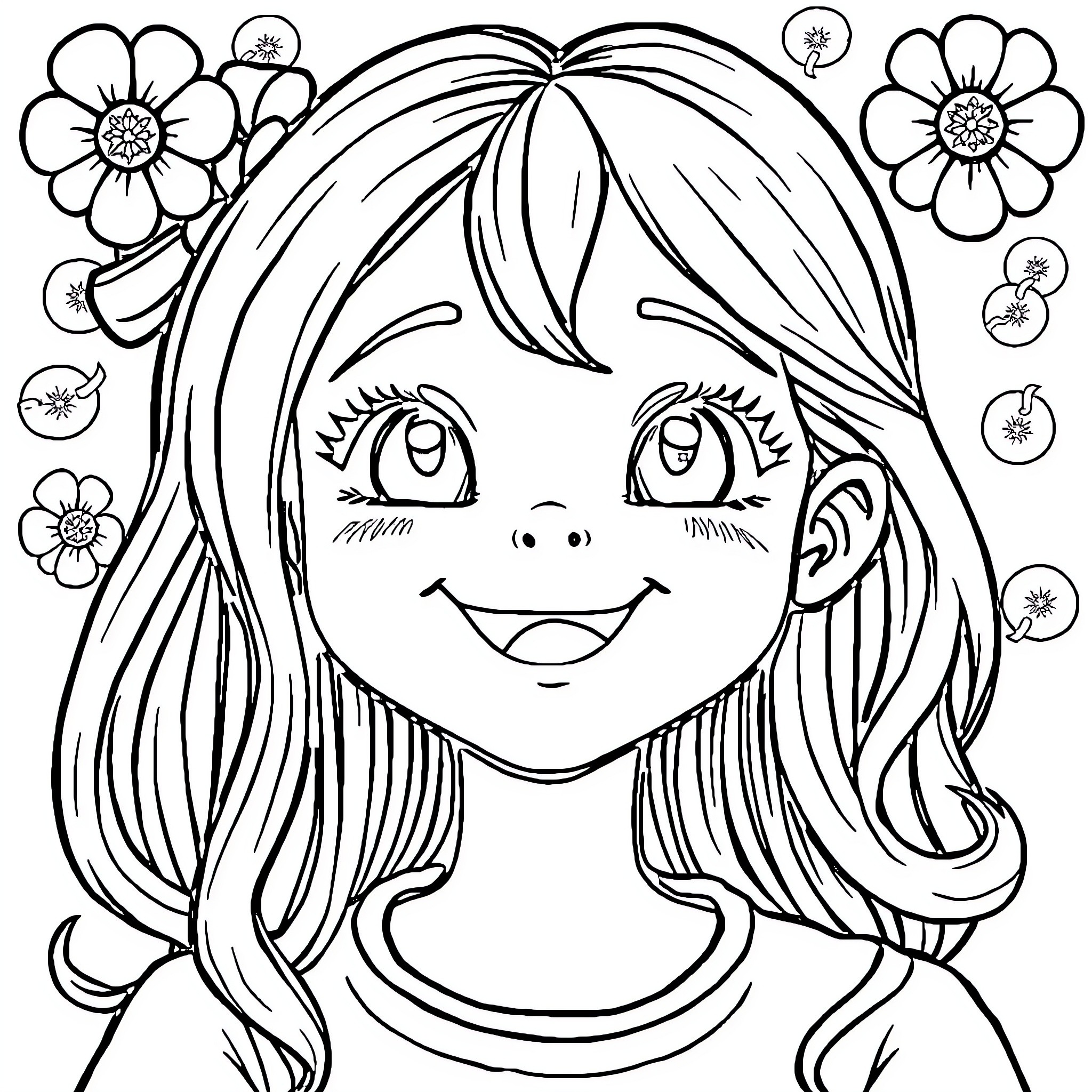 Girl with Floral Headpiece and Cheerful Expression Coloring Page (free black-and-white line drawing printable PDF for all, from beginners to advanced learners, including children, teens, adults, and seniors)