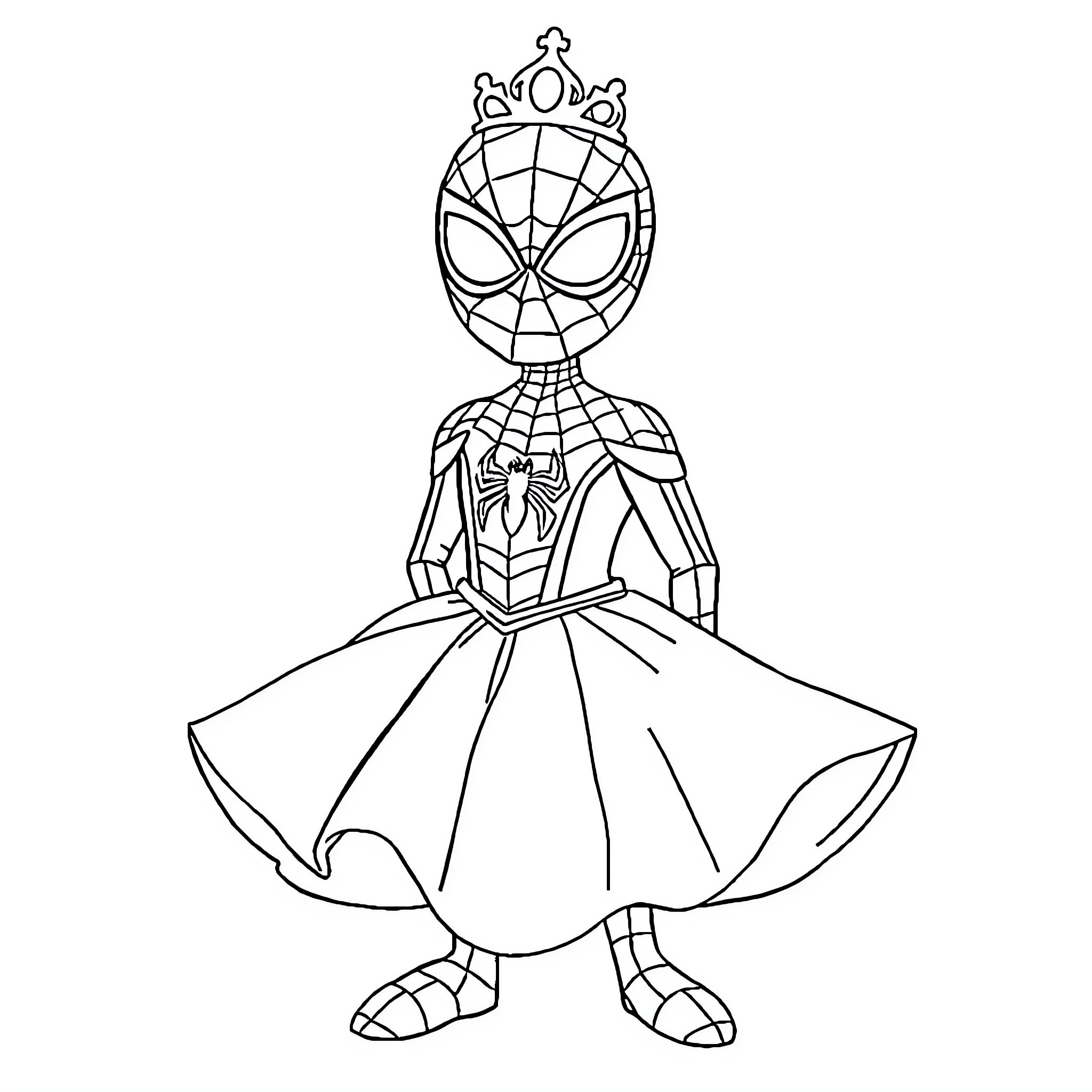 Spiderman in a whimsical princess dress Coloring Page (free black-and-white line drawing printable PDF for all, from beginners to advanced learners, including children, teens, adults, and seniors)