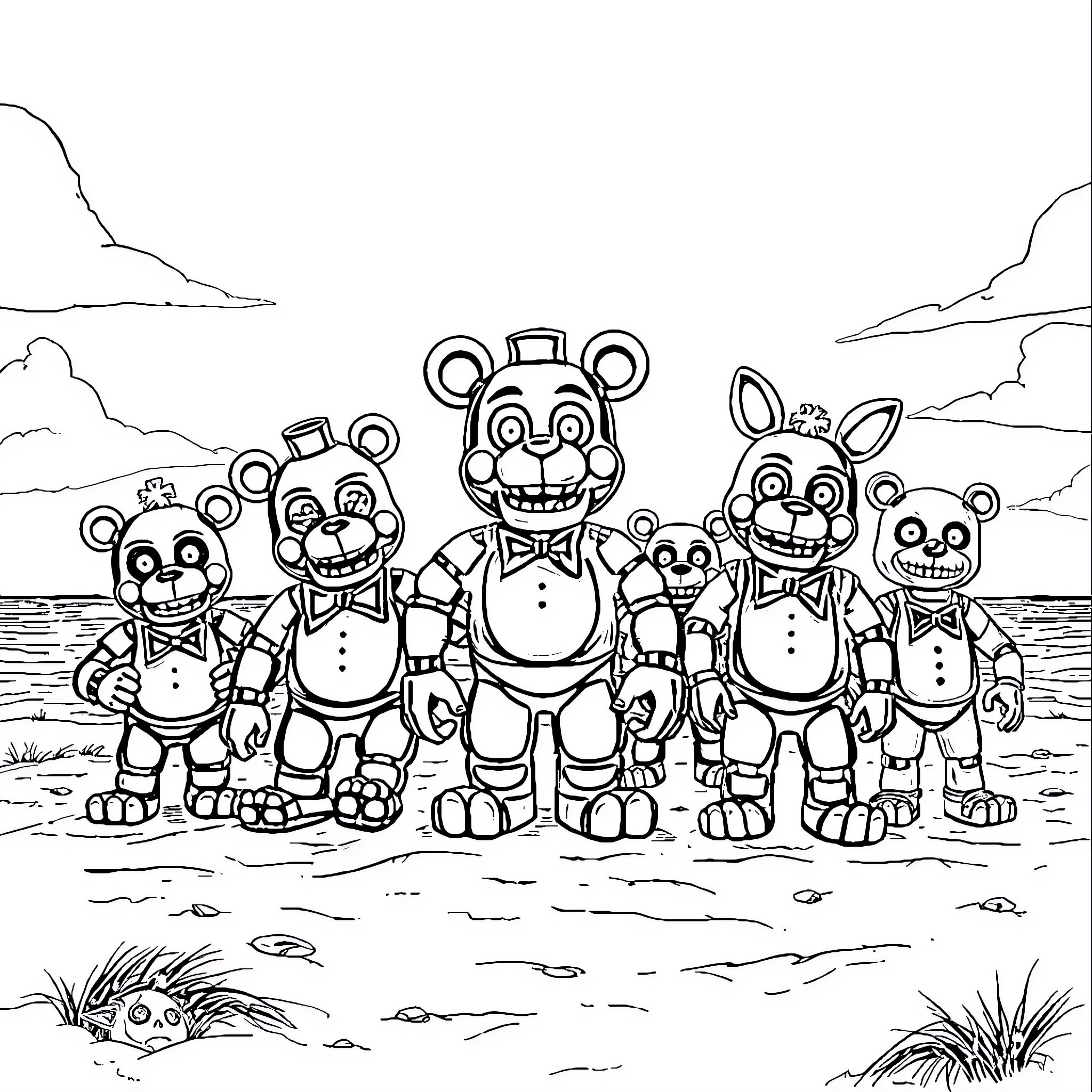Five Nights At Freddy's Animatronics Gather on the Beach Coloring Page (free black-and-white line drawing printable PDF for all, from beginners to advanced learners, including children, teens, adults, and seniors)