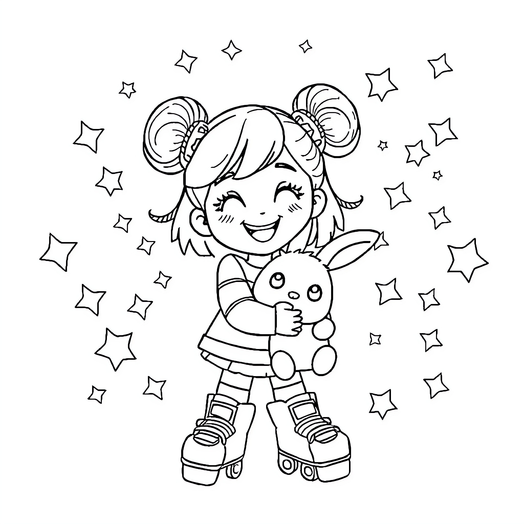 Girl playing with stuffed animal under starry sky Coloring Page (free black-and-white line drawing printable PDF for all, from beginners to advanced learners, including children, teens, adults, and seniors)